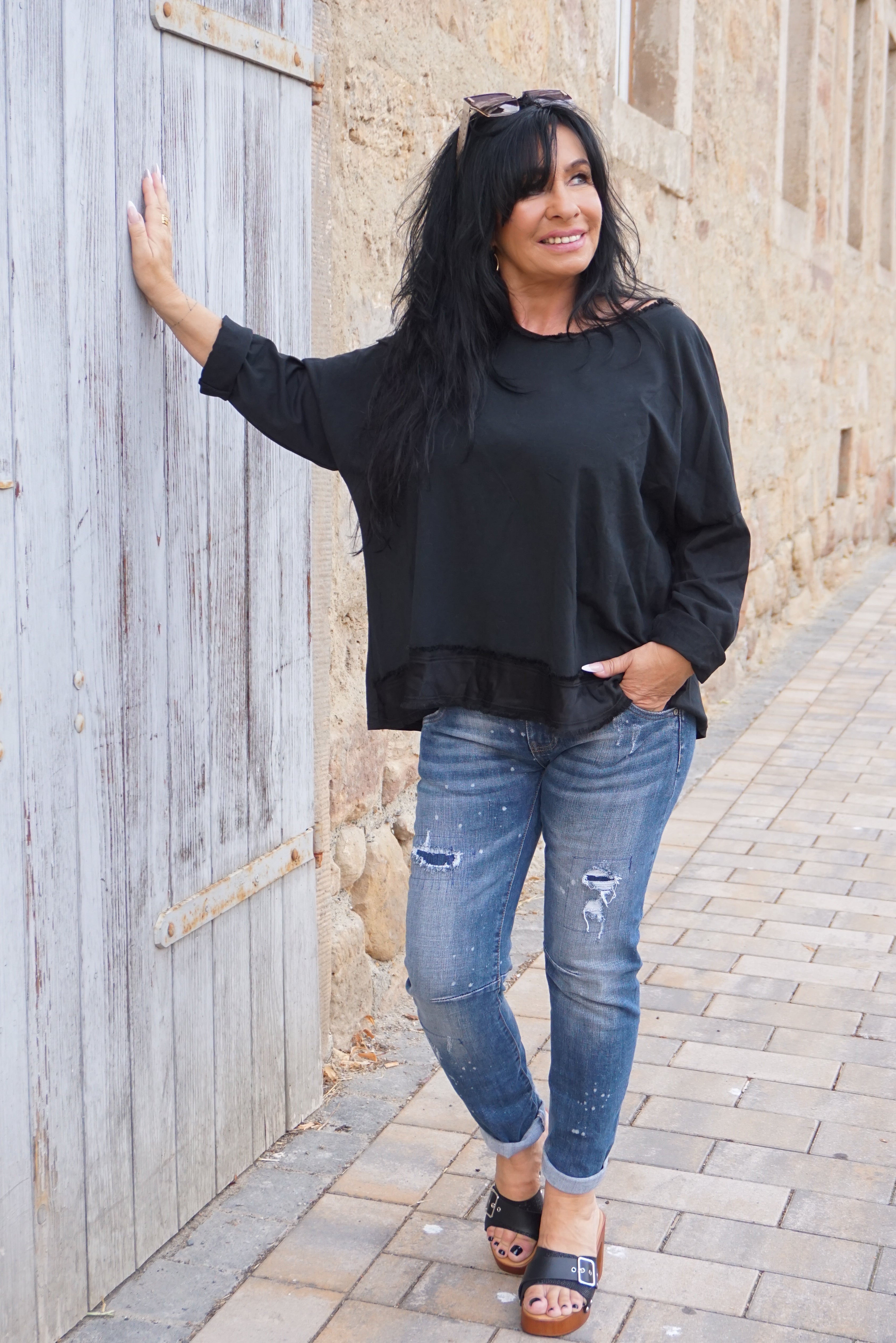Langarmshirt mit Satin Details, schwarz