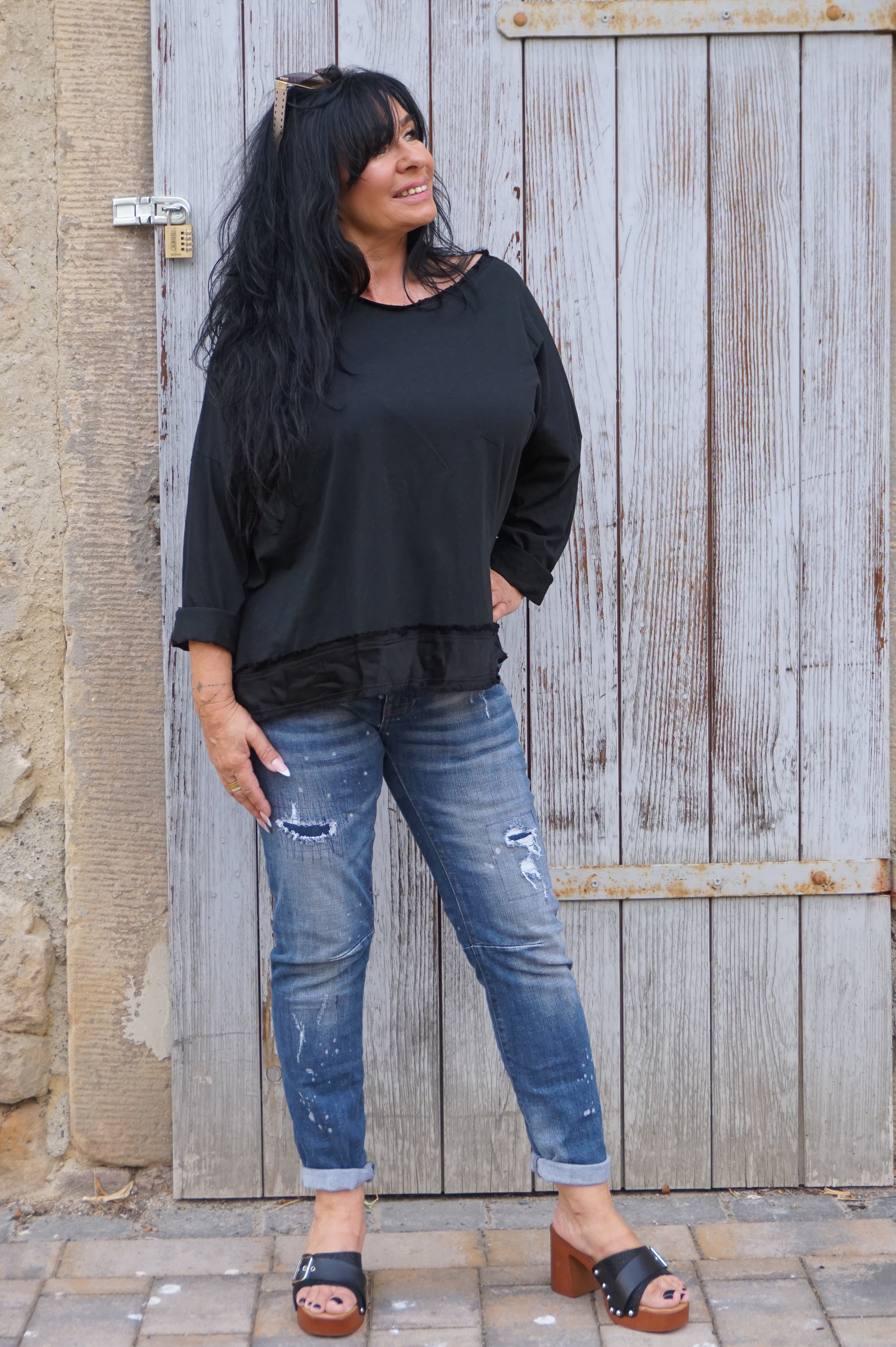 Langarmshirt mit Satin Details, schwarz