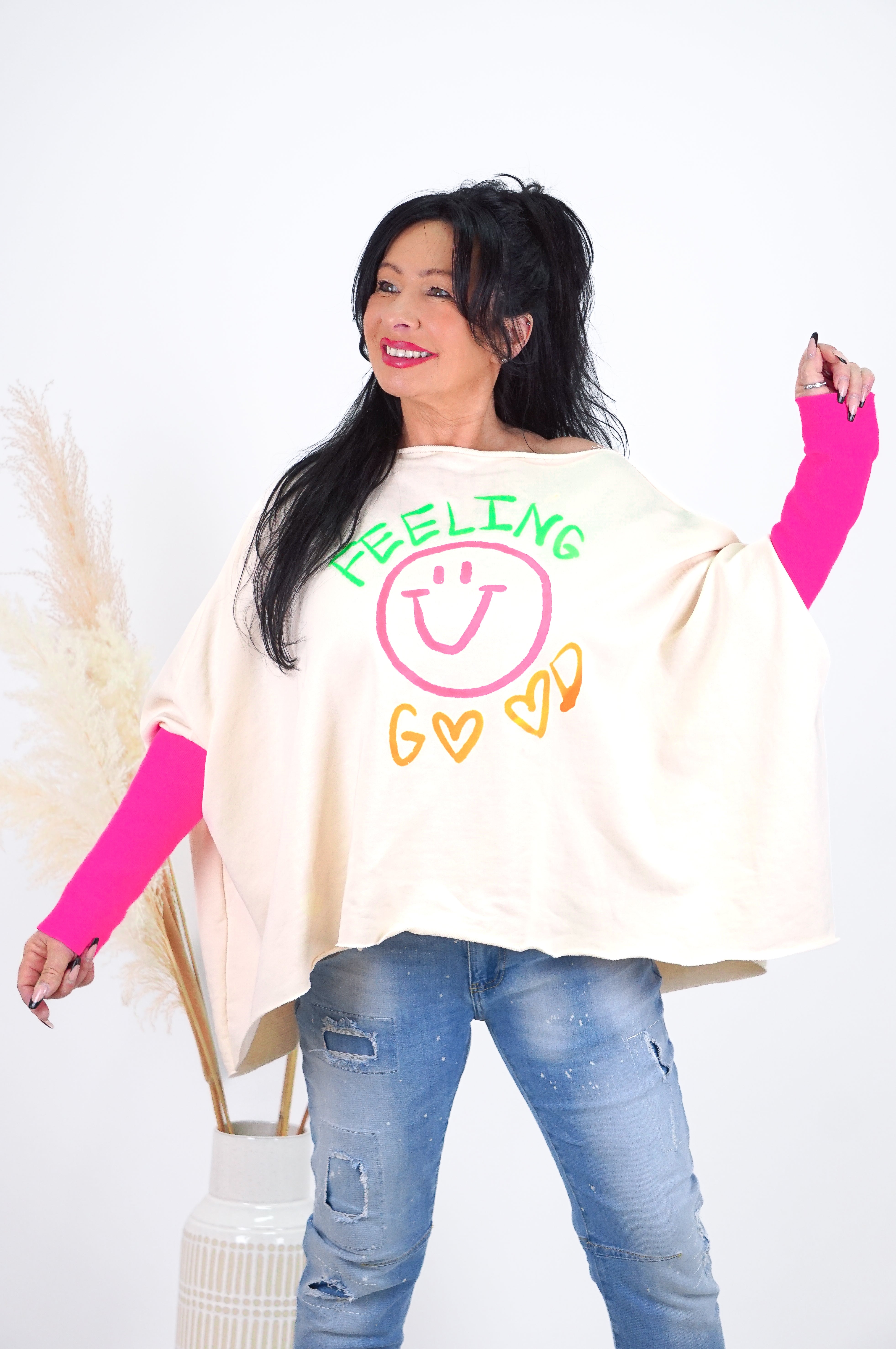 Zweite Wahl - Oversize Sweatshirt „Feeling Good“, beige - kein Umtausch