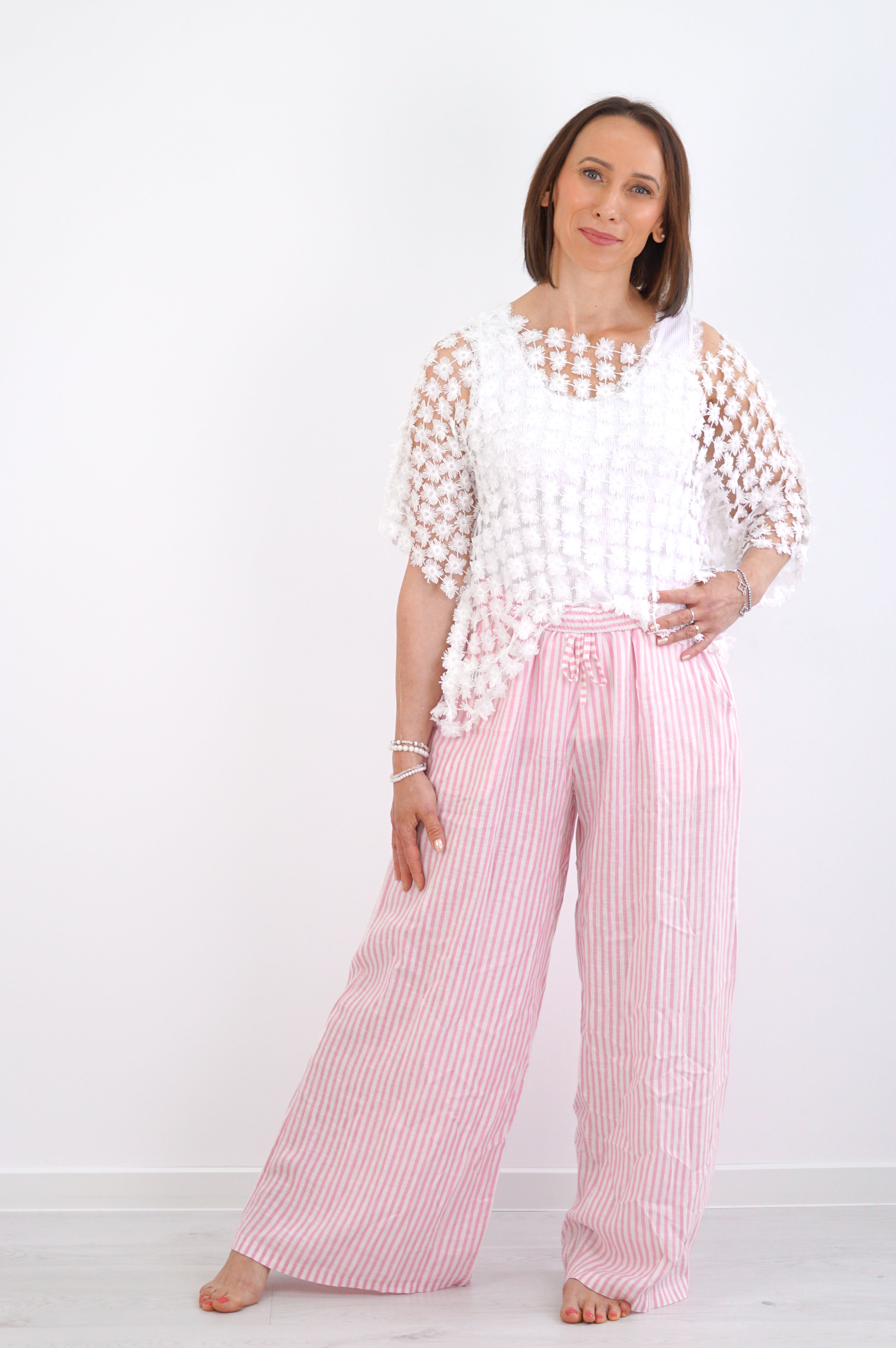 Leinenhose mit Streifen, rosa