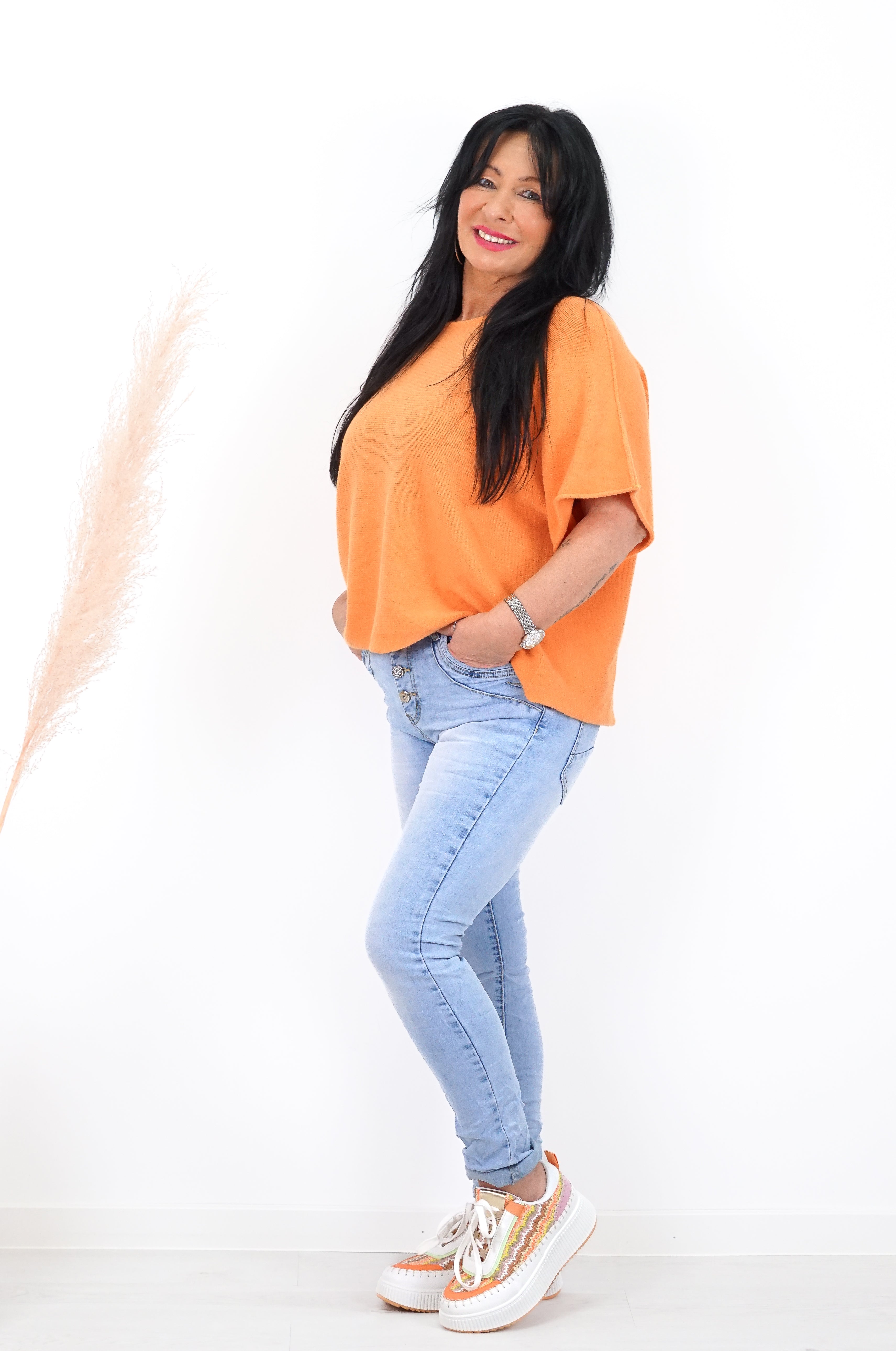 Basic kurzarm Feinstrickpulli, orange