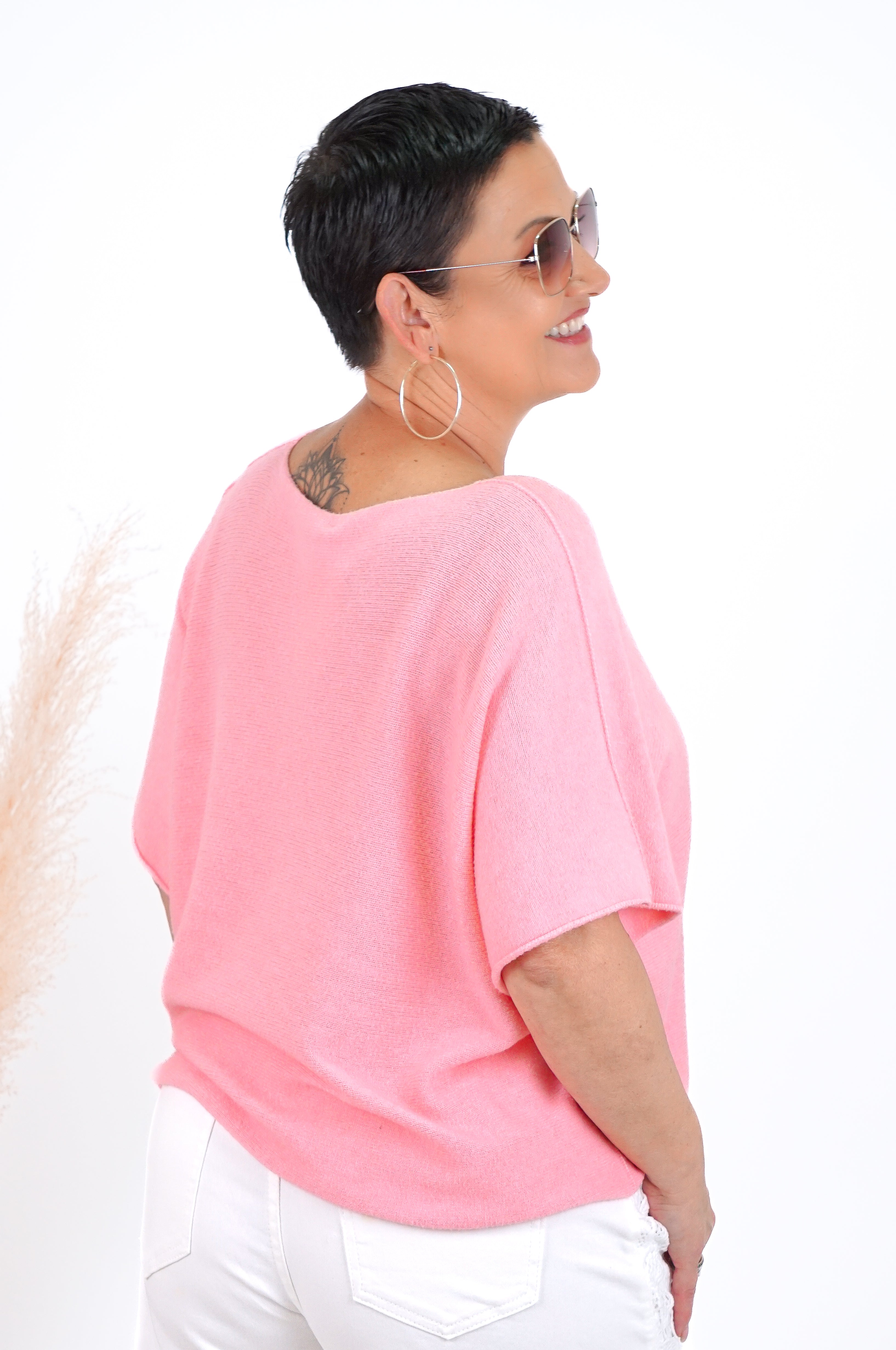 Basic kurzarm Feinstrickpulli, flamingo