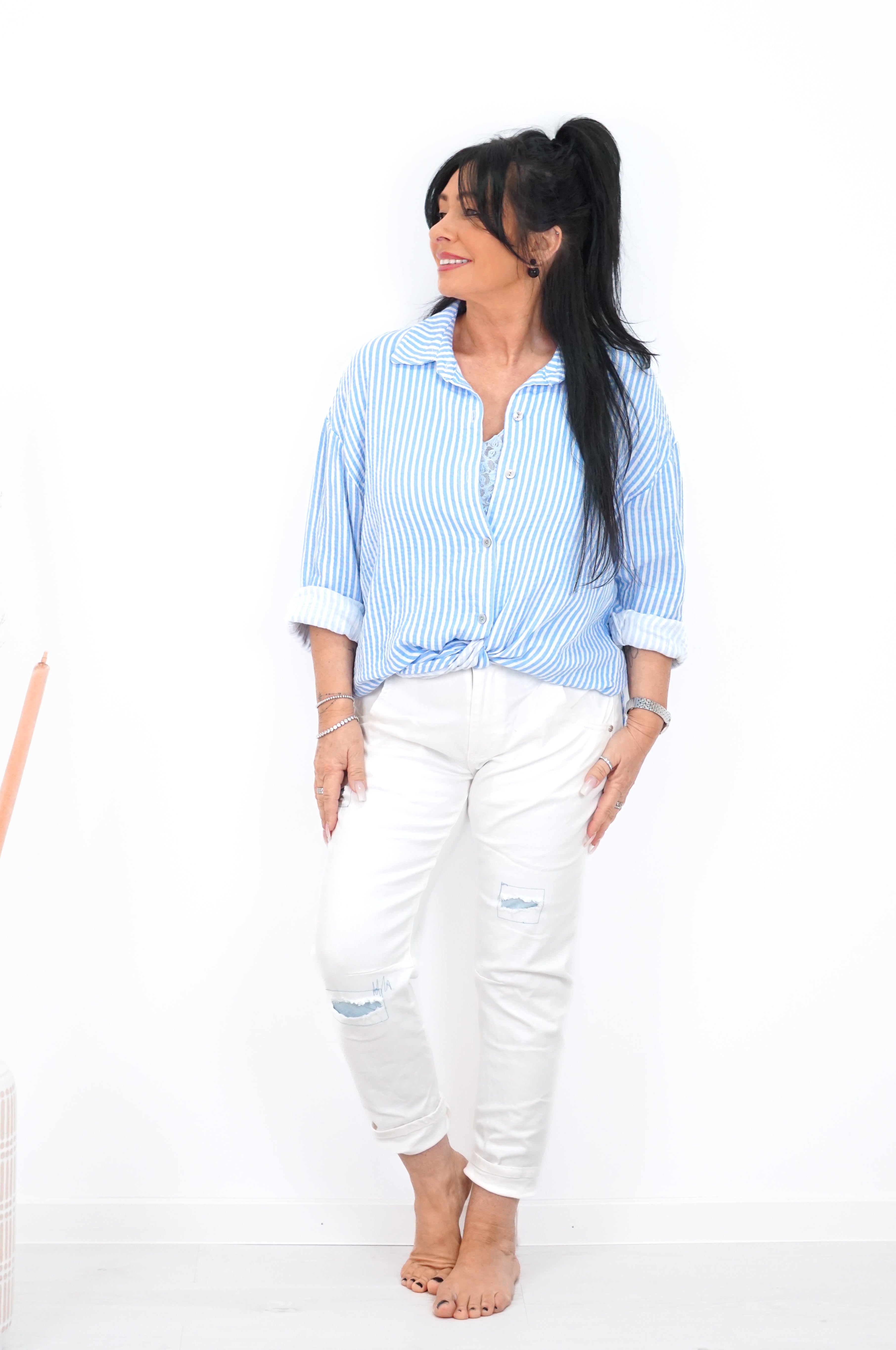 Gestreiftes Musselin Hemd "SELF LOVE", blau
