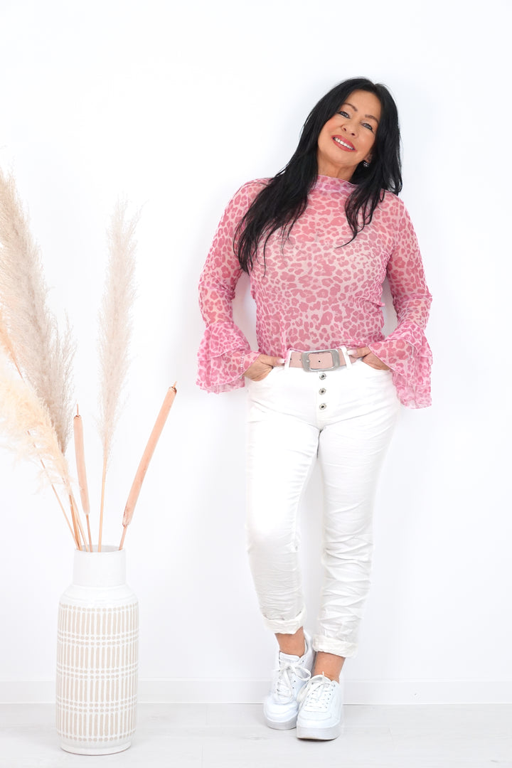 Netzshirt mit Leo Print und Volants, rose