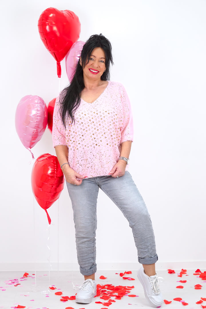 Flauschiger kurzarm Feinstrickpulli „golden hearts“, rosa