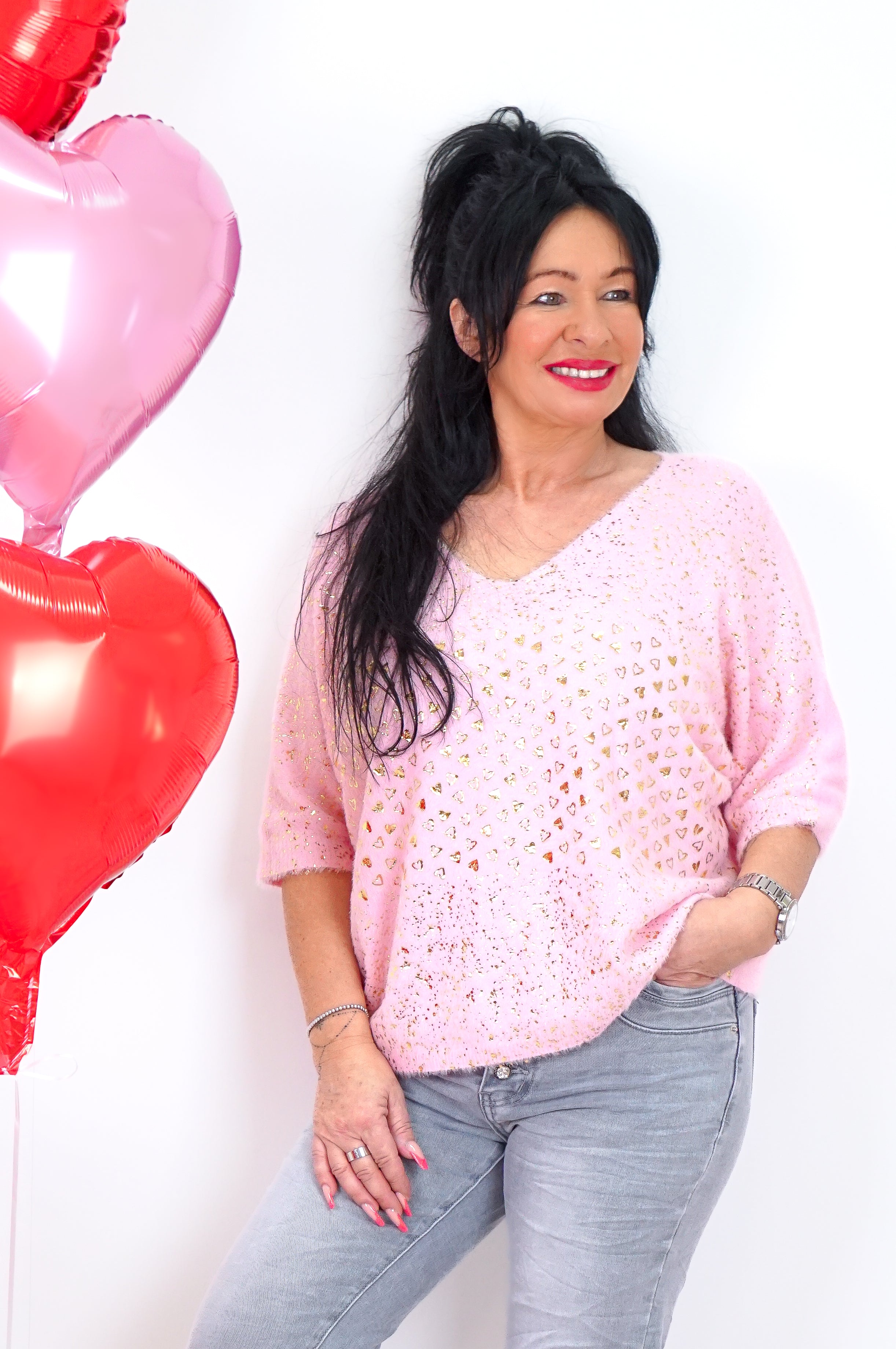 Flauschiger kurzarm Feinstrickpulli „golden hearts“, rosa