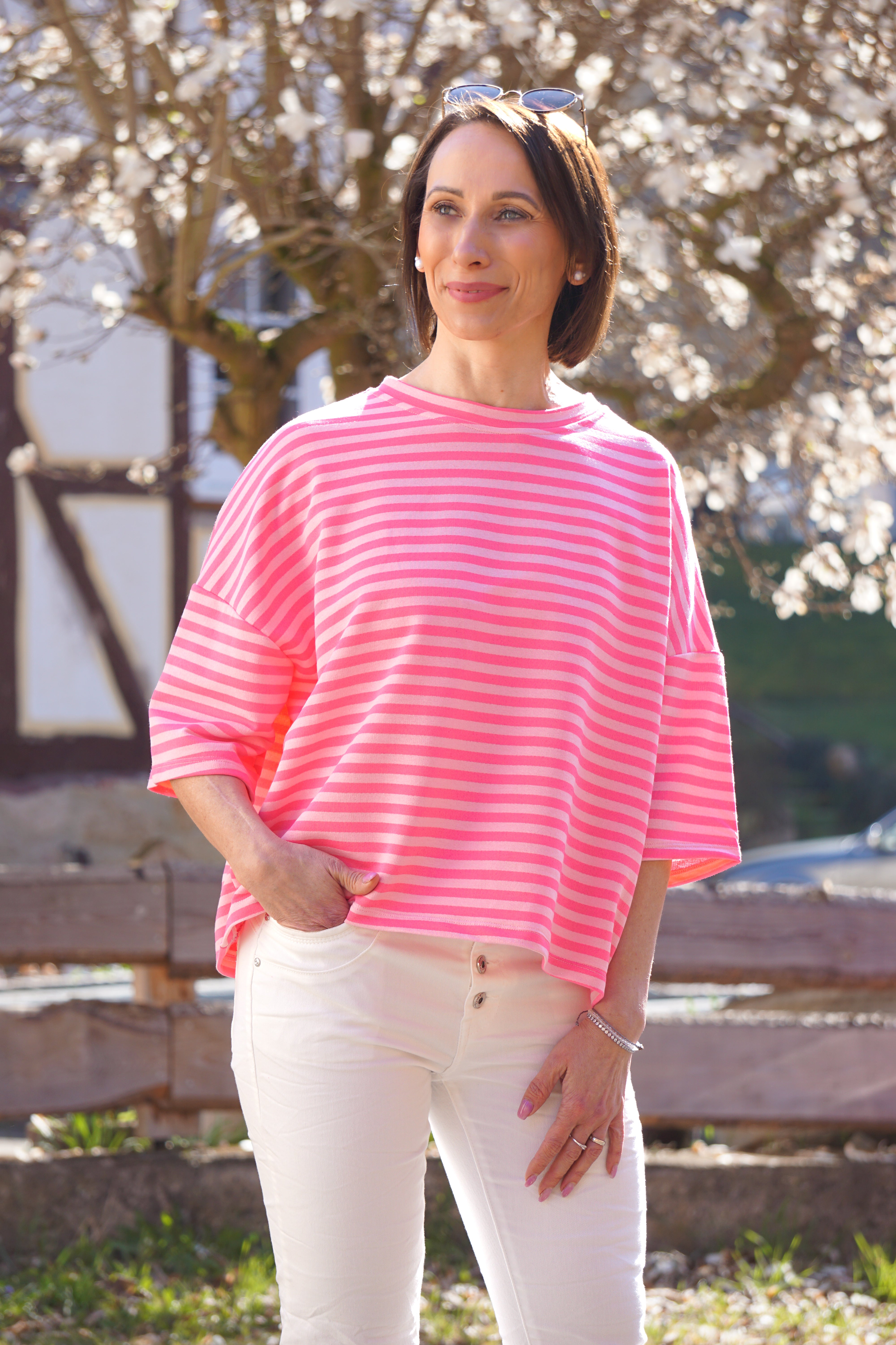 Gestreiftes Kurzarmshirt, rosa/pink