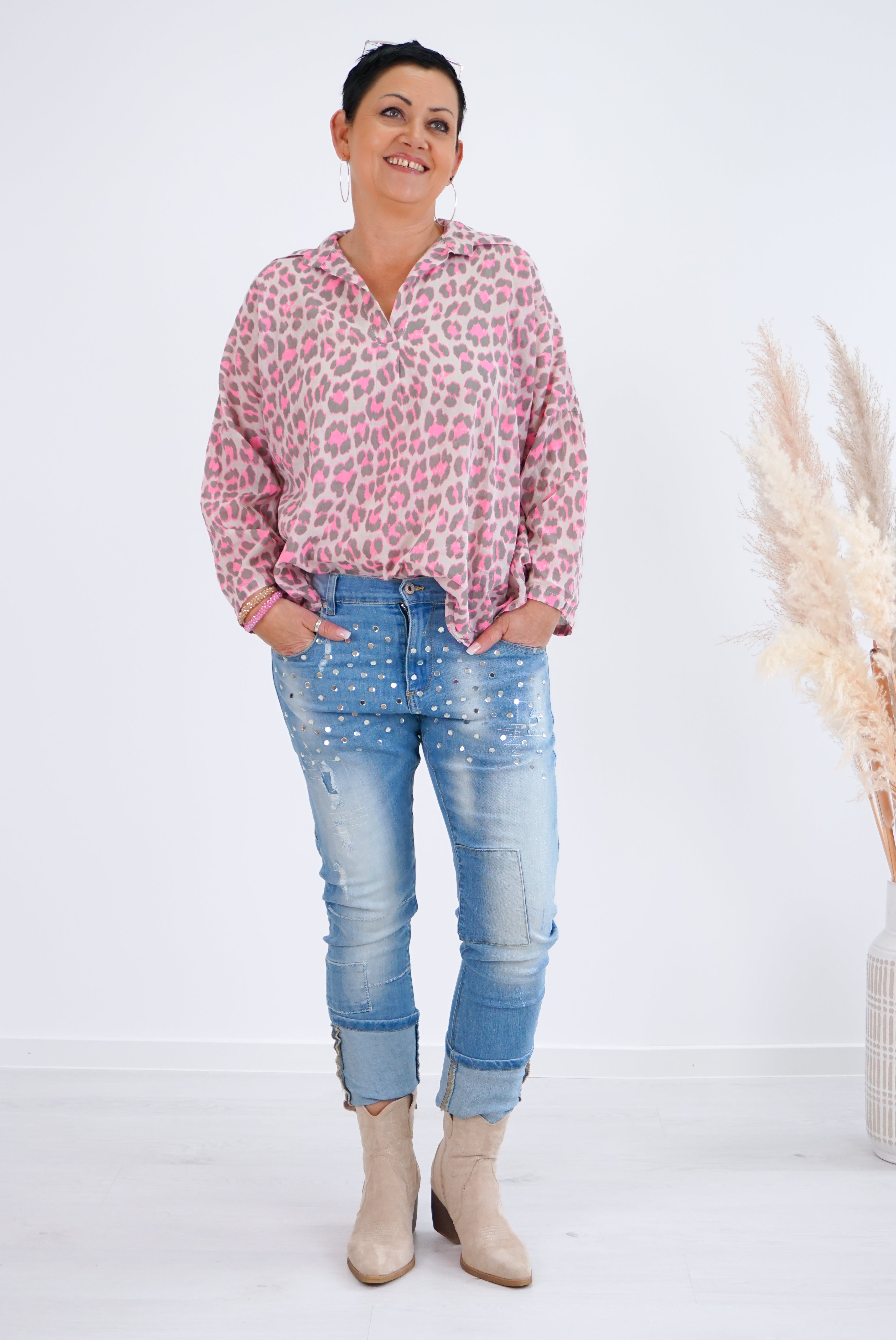 Bluse „Leo“, taupe/neonpink