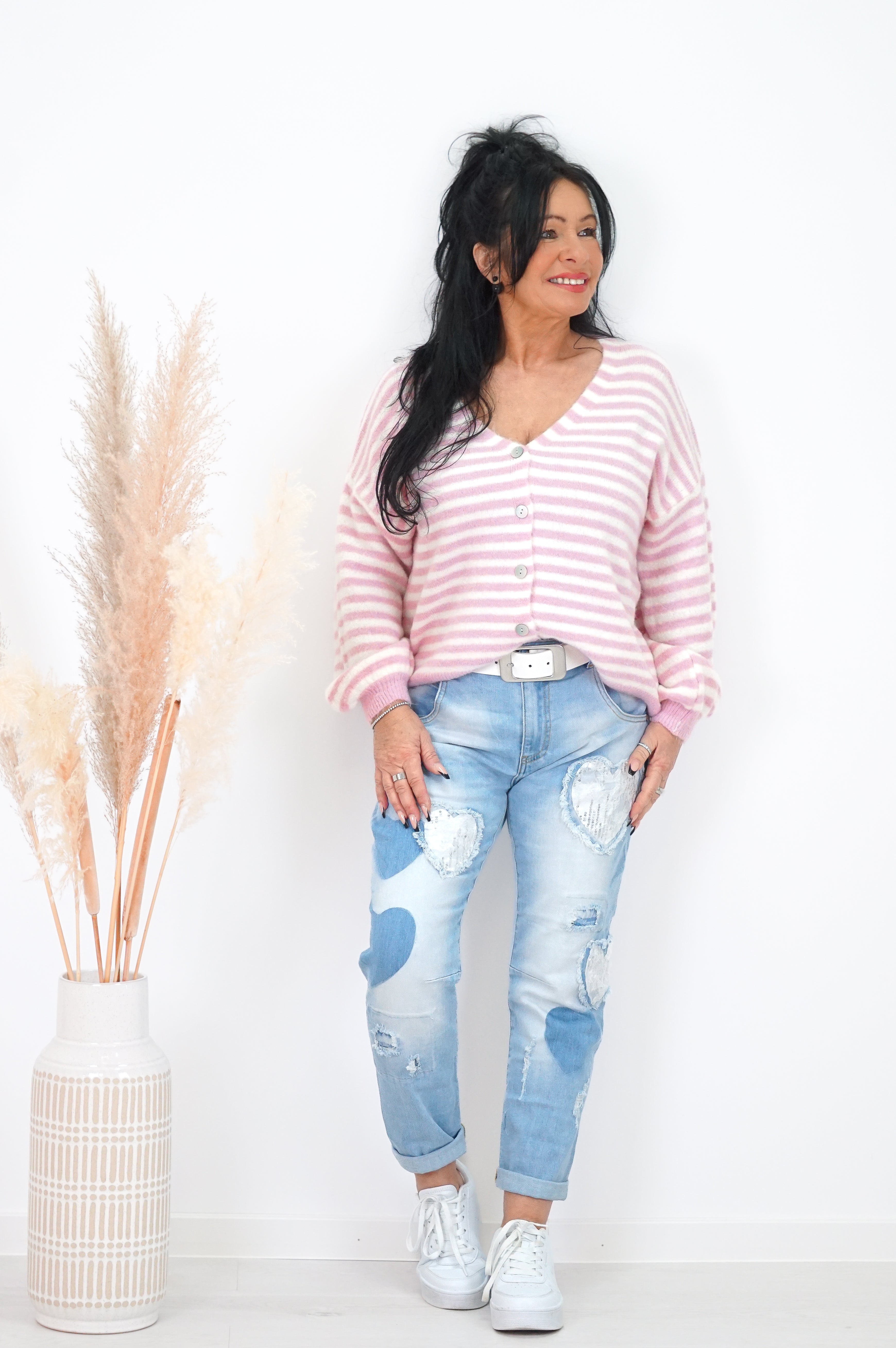 Gestreifte Strickjacke, rose/offwhite