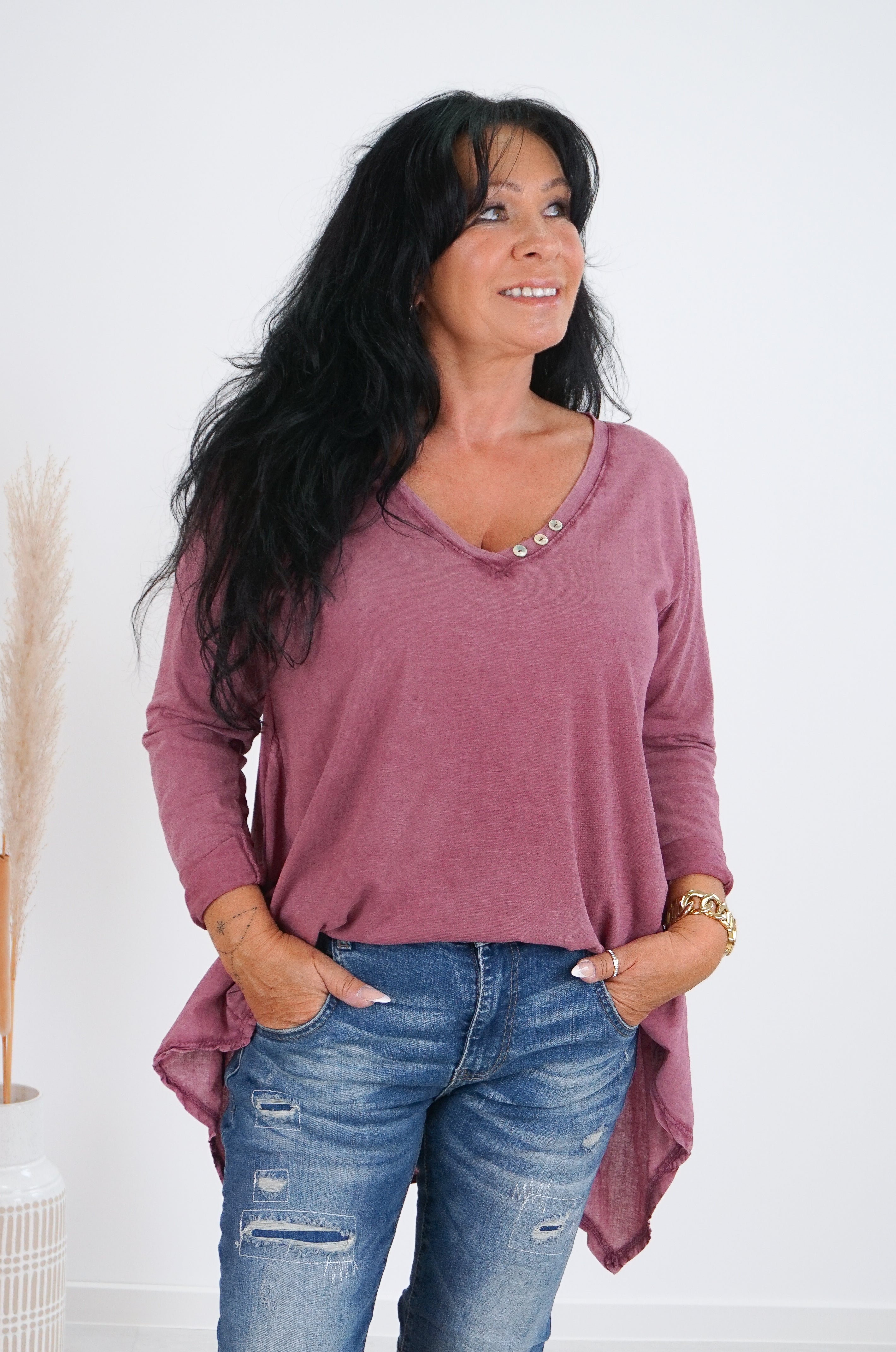 Langarmshirt mit verspieltem Schnitt, bordeaux