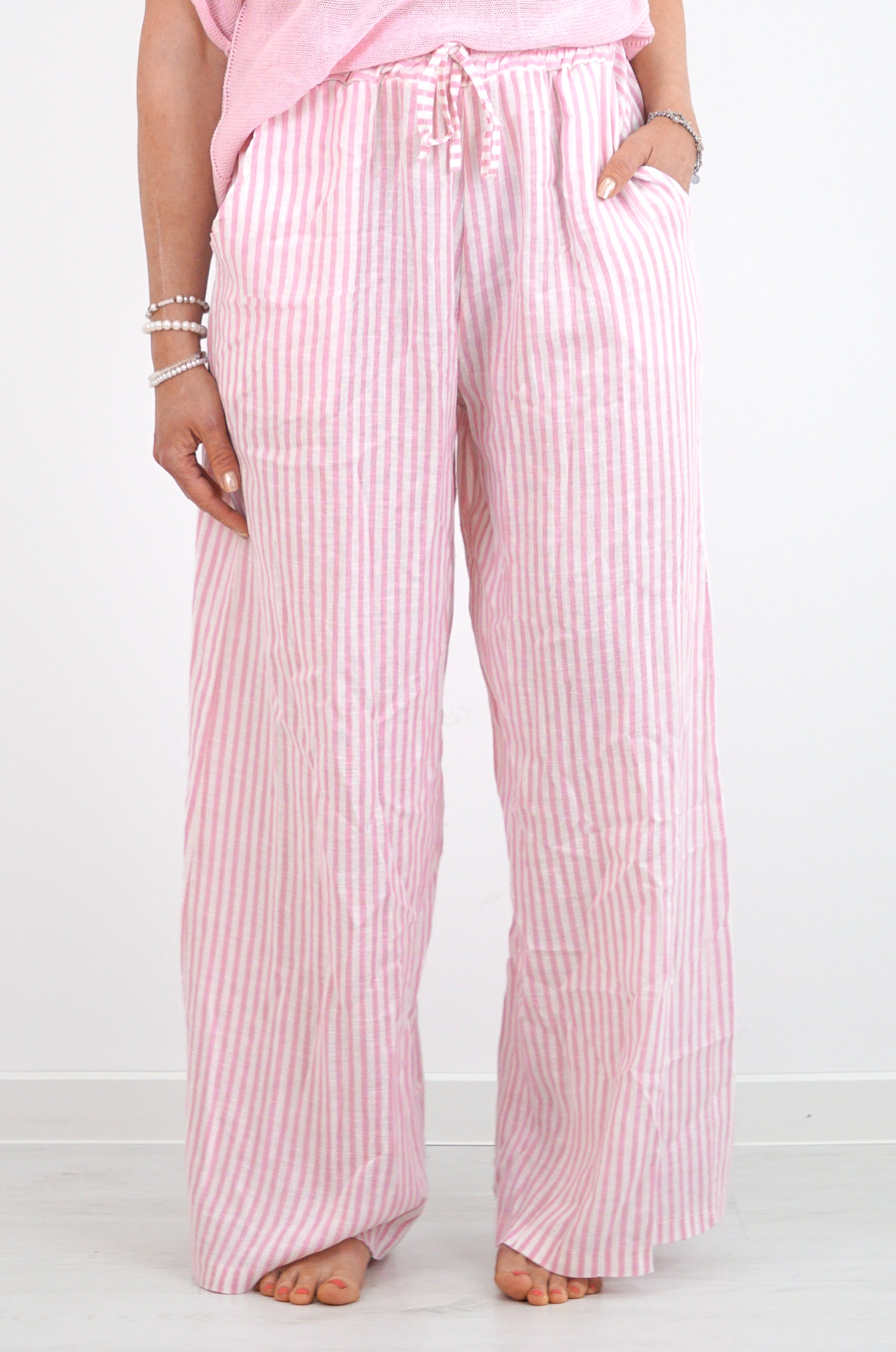 Leinenhose mit Streifen, rosa
