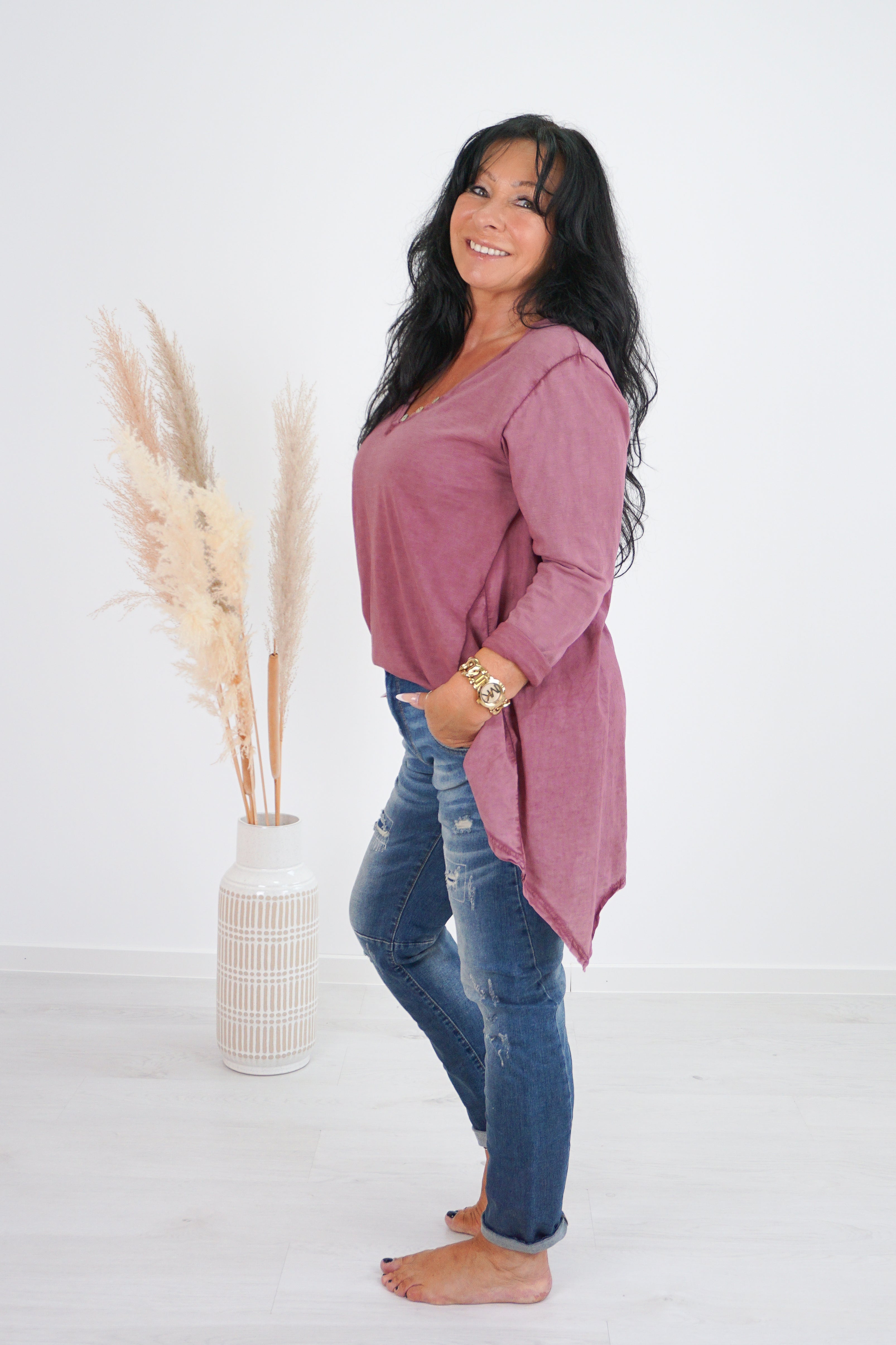 Langarmshirt mit verspieltem Schnitt, bordeaux