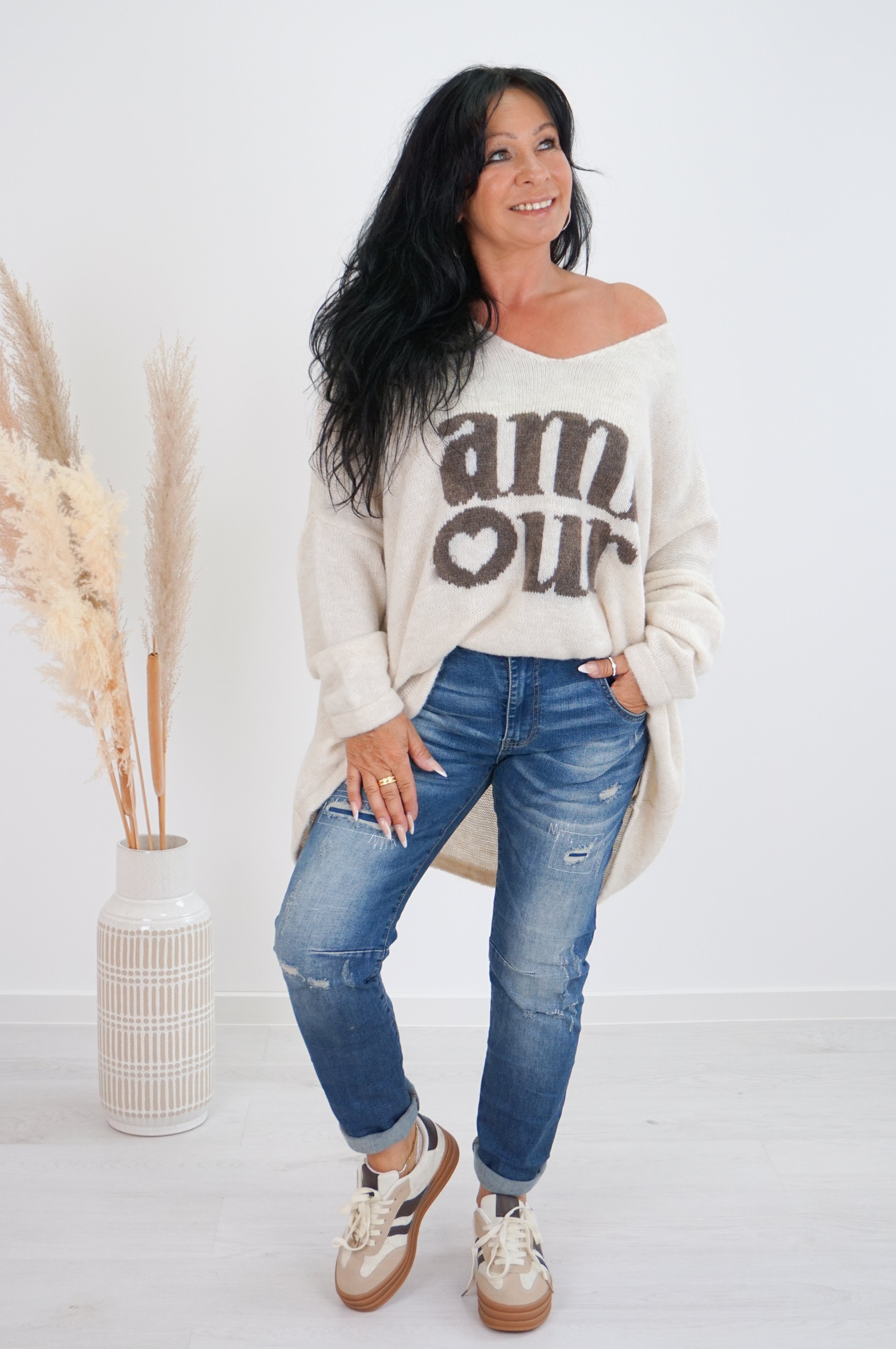 Strickpulli "amour", creme/taupe