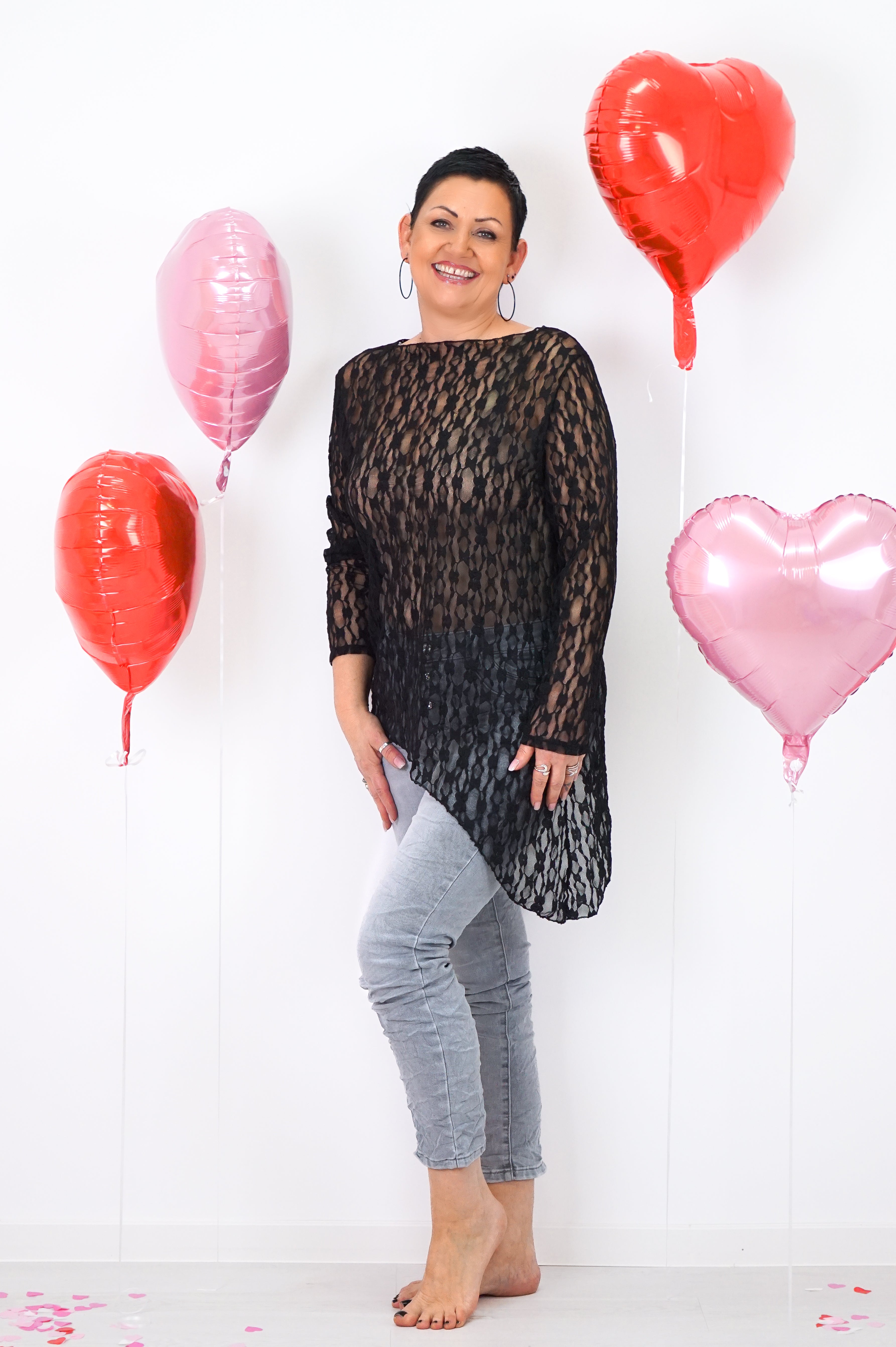 Schräges Spitzenshirt, schwarz