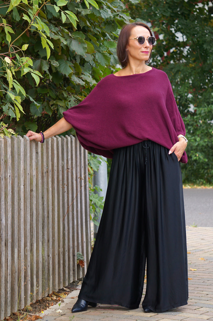 Weiter Kurzarm Feinstrickpulli, burgunder