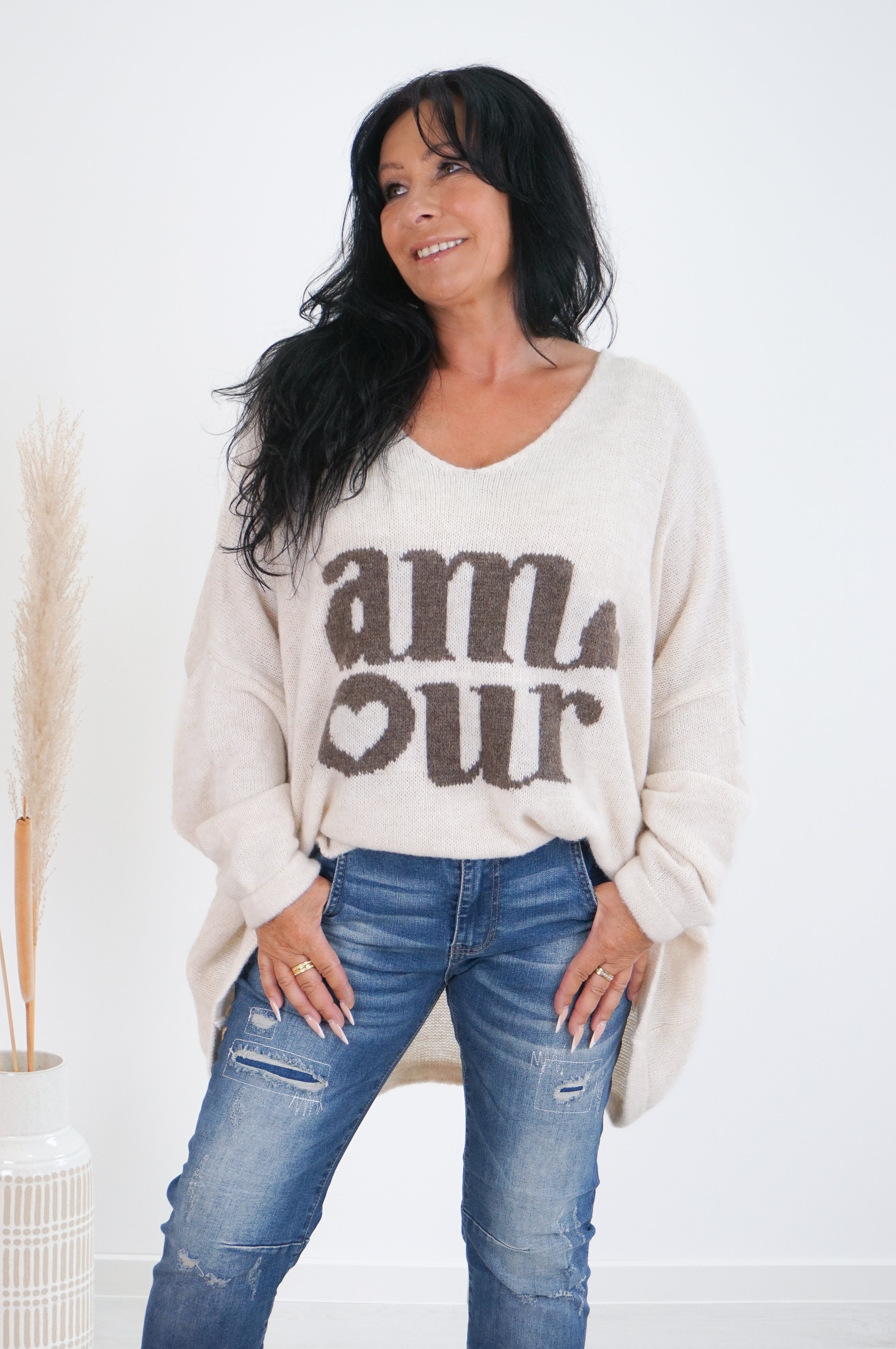 Strickpulli "amour", creme/taupe