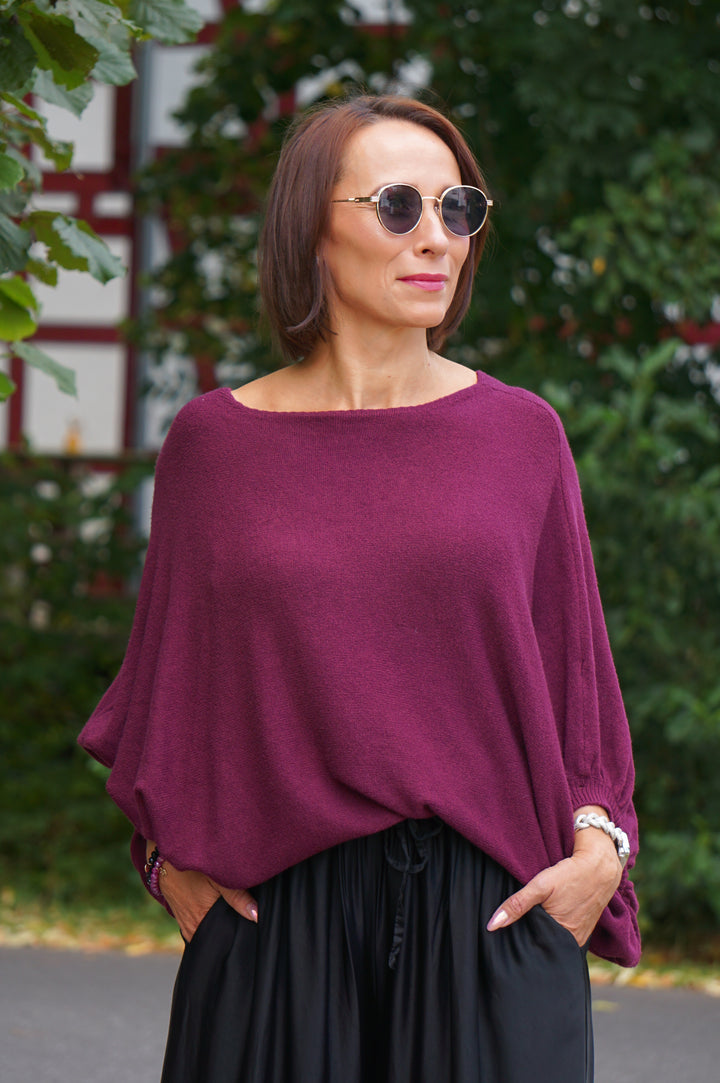 Weiter Kurzarm Feinstrickpulli, burgunder