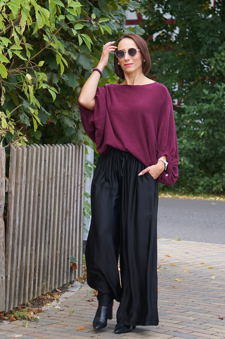 Weiter Kurzarm Feinstrickpulli, burgunder