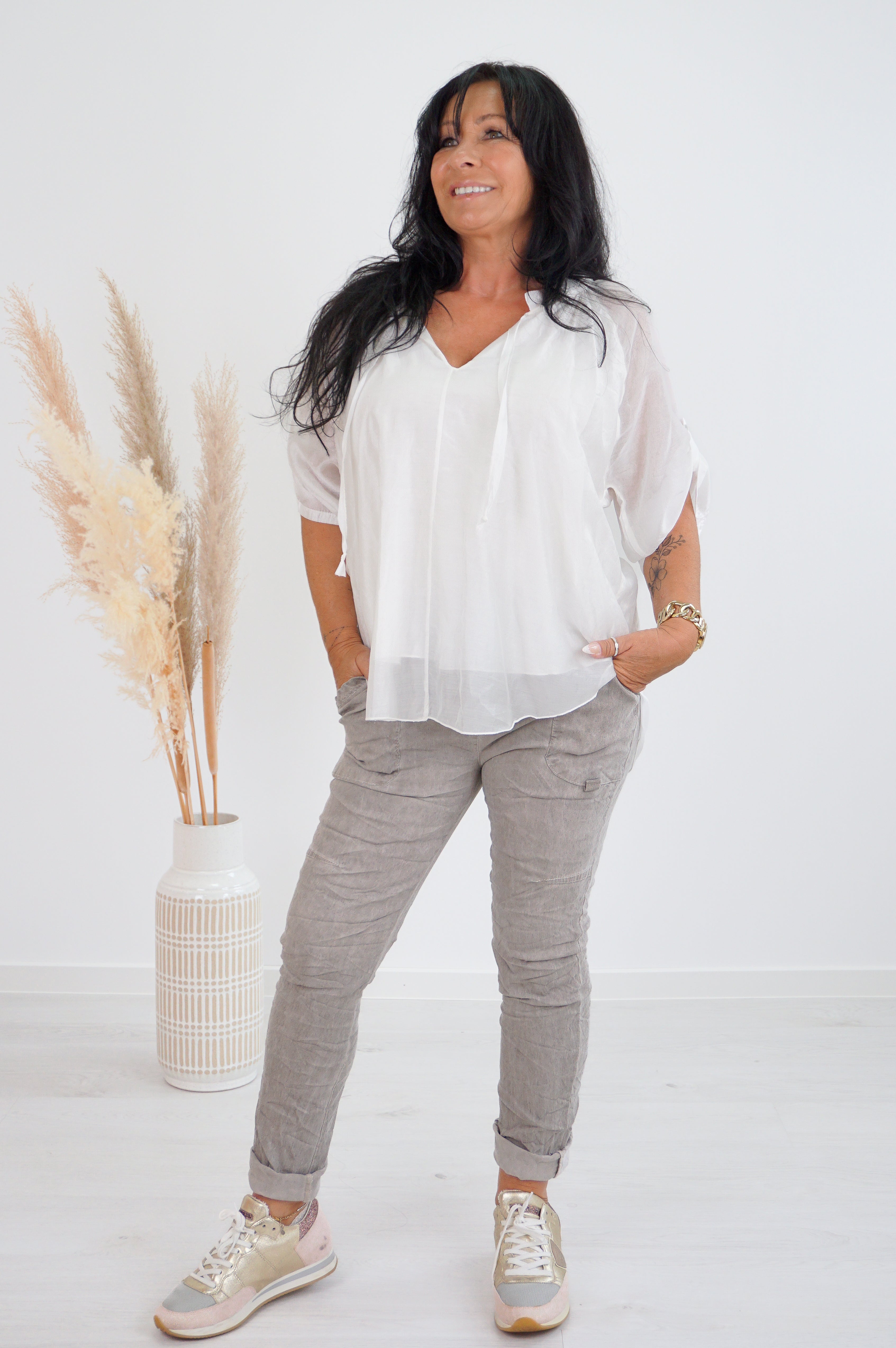 Bluse im Seiden Look, Off white