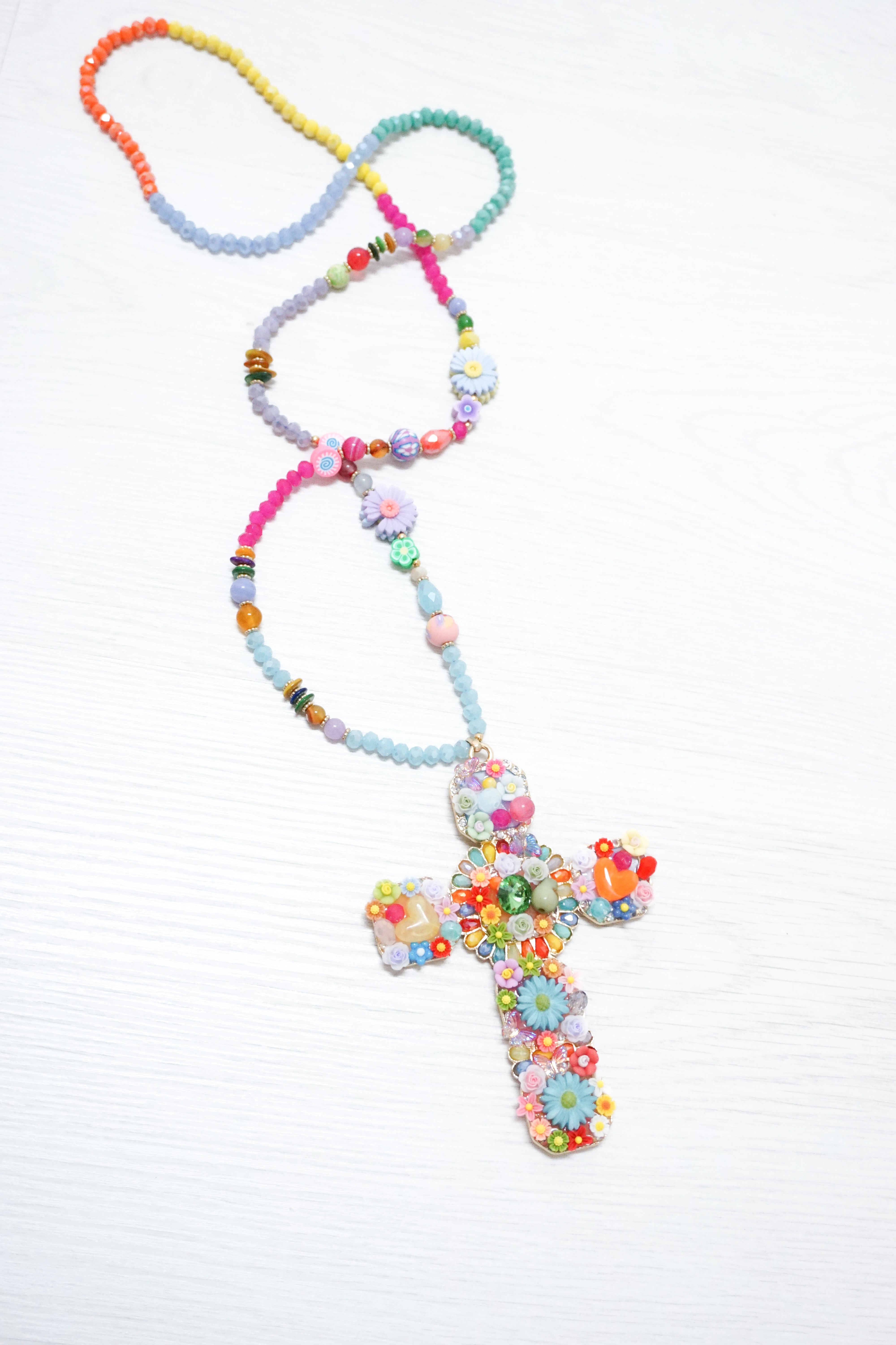 Lange Kreuz Kette "Flower" bunt