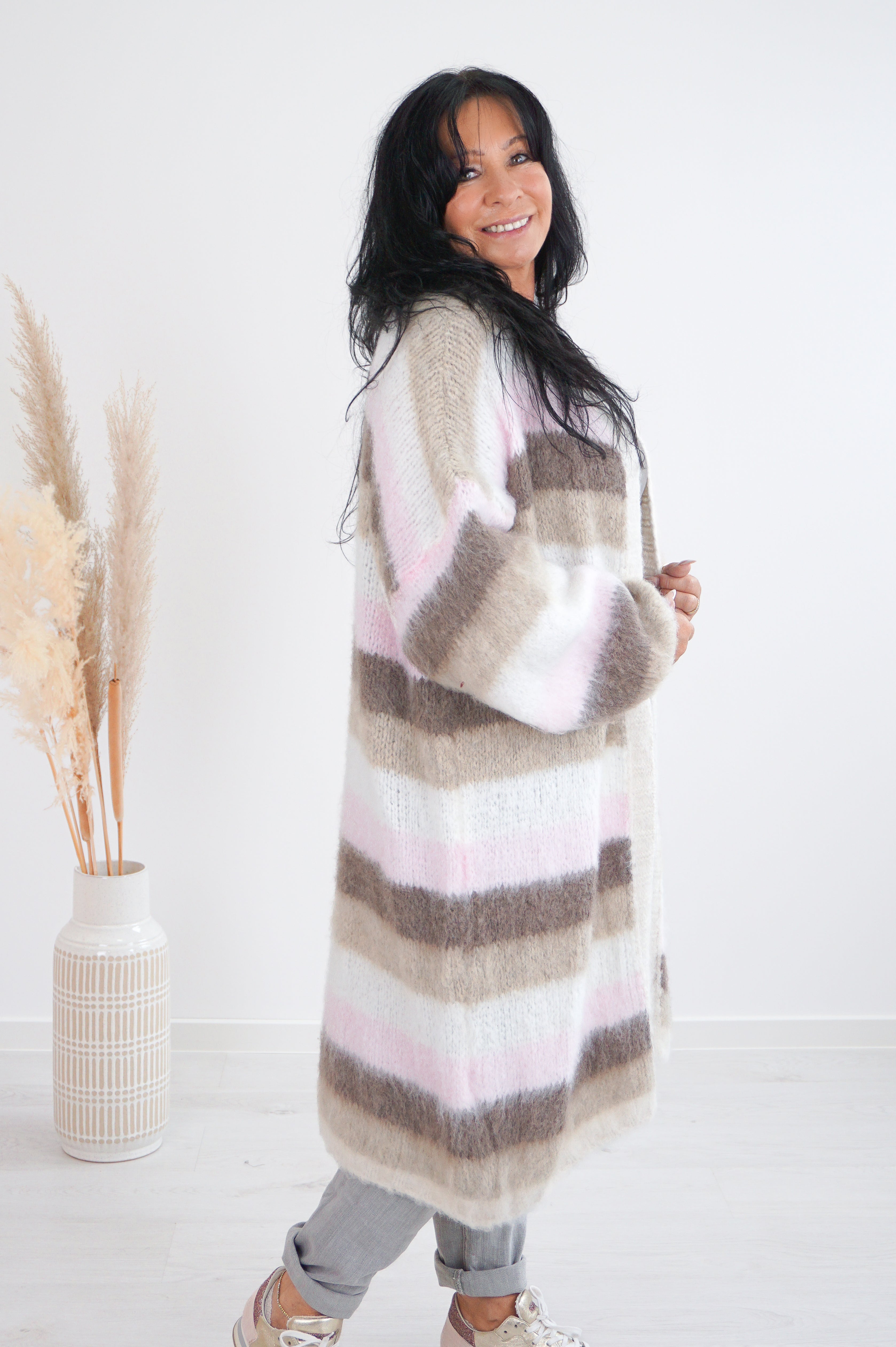 Gestreifte Strickjacke, creme/rosa/beige/taupe