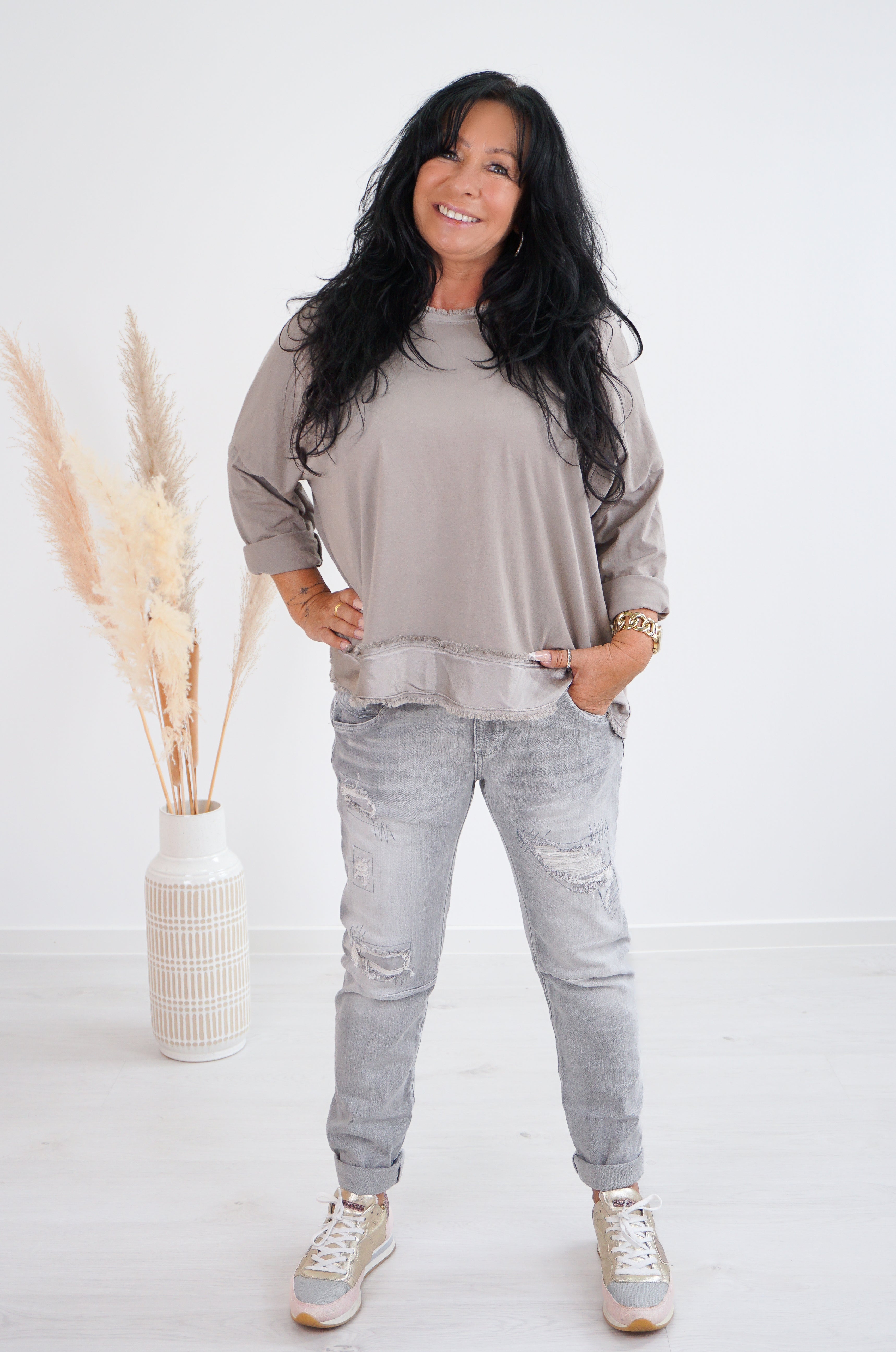 Langarmshirt mit Satin Details, taupe