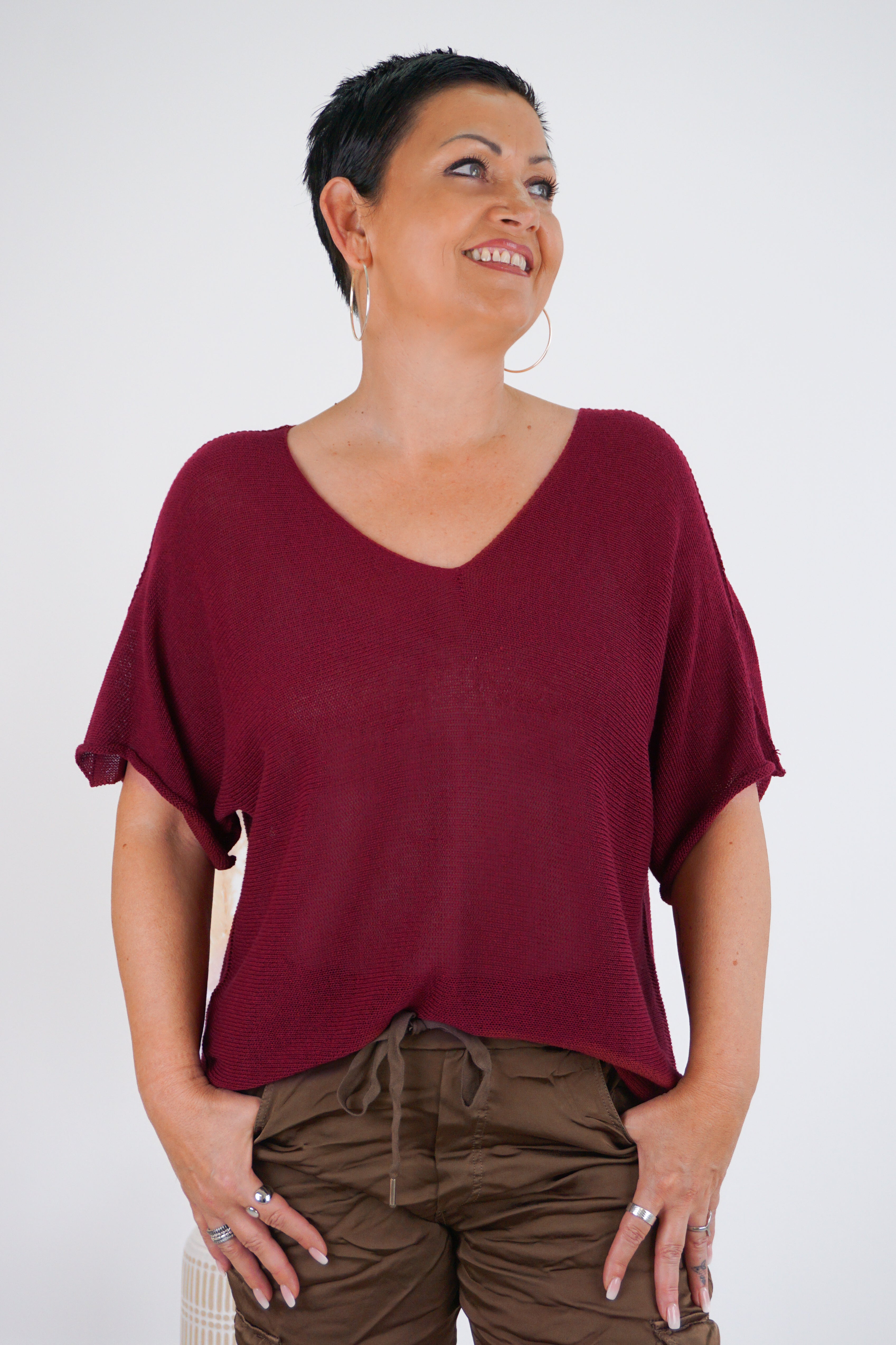 Leichtes kurzarm Häkelshirt, bordeaux