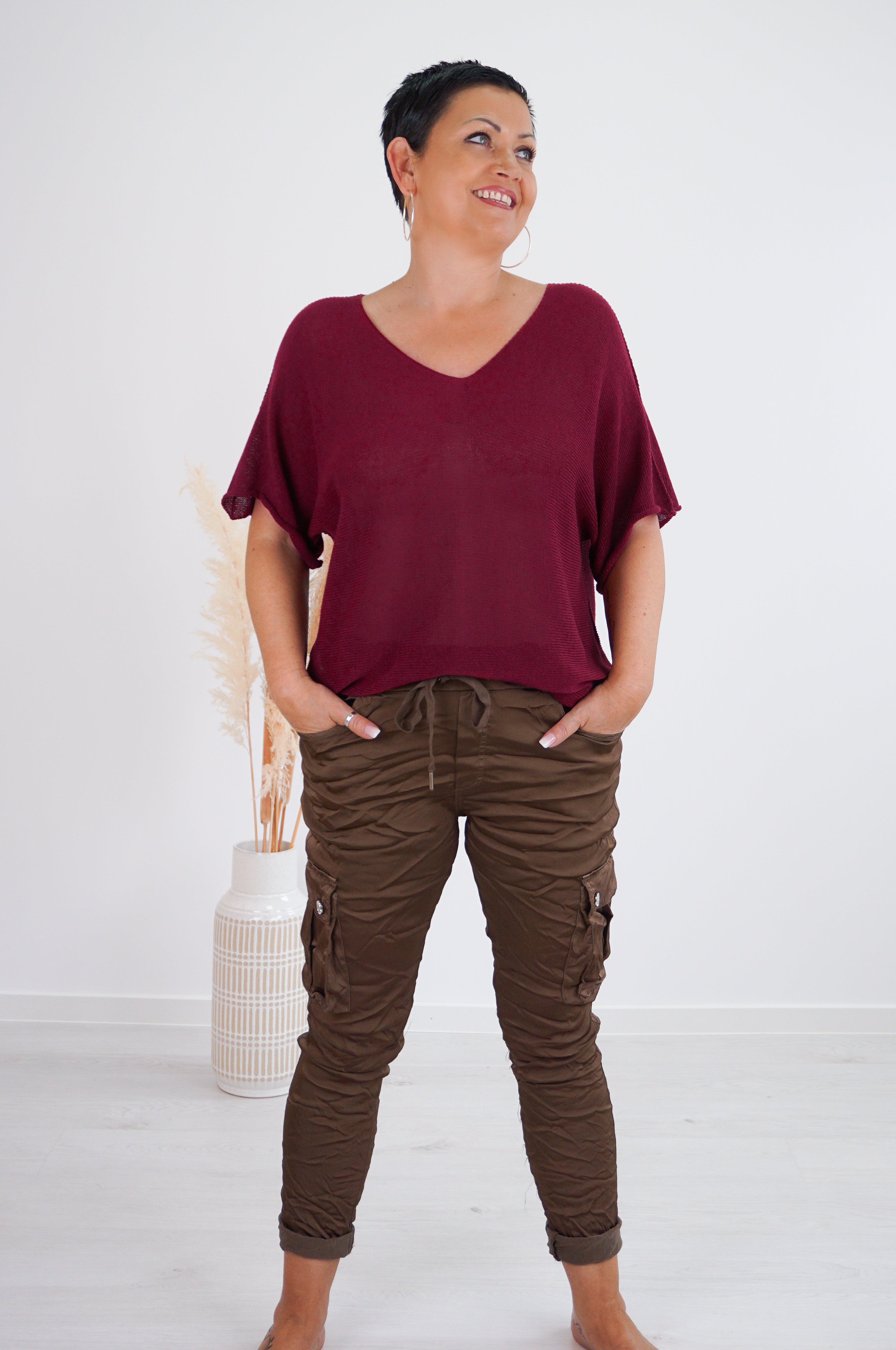 Leichtes kurzarm Häkelshirt, bordeaux