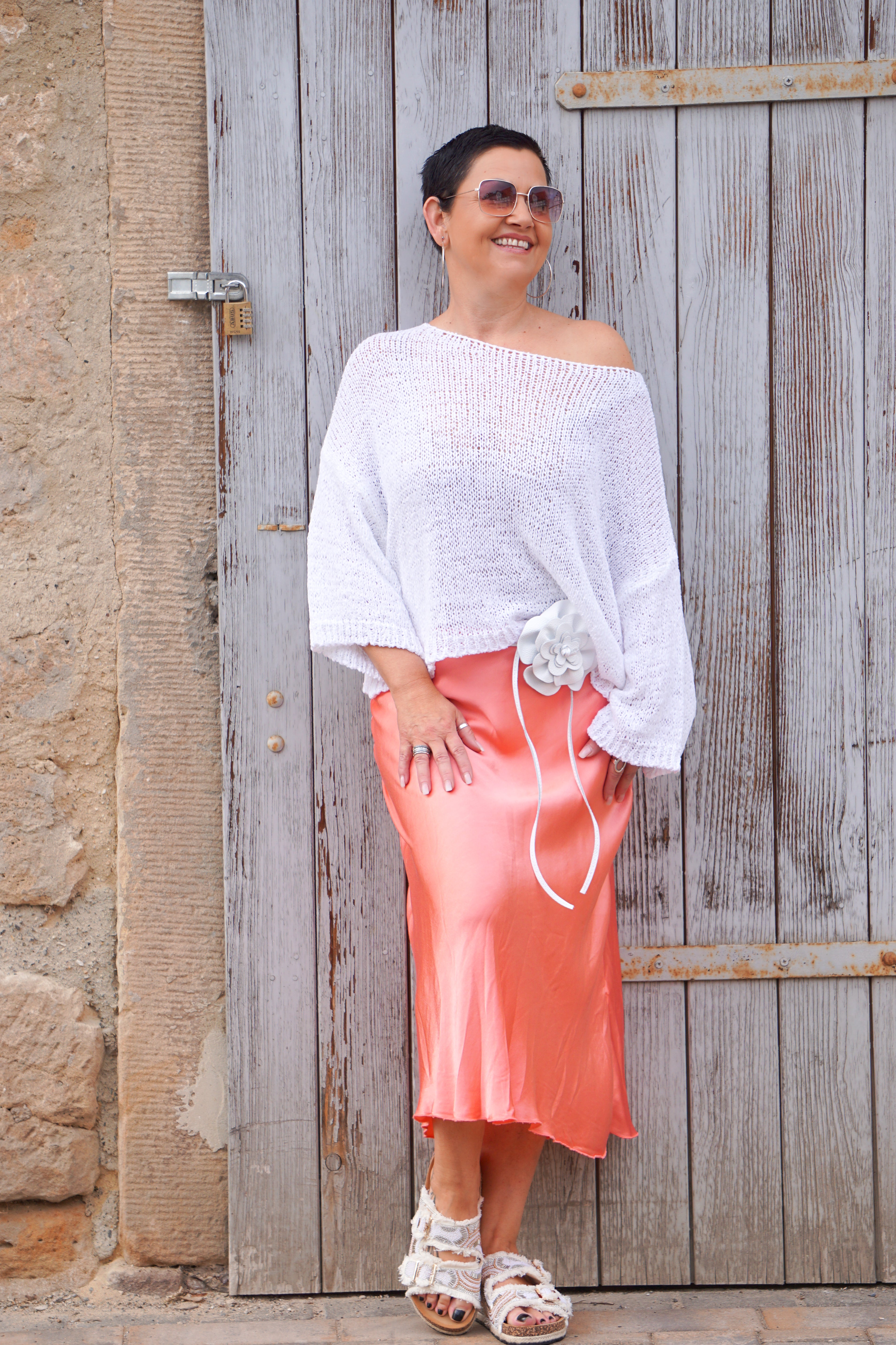 Leder Bindegürtel "Flower", weiß