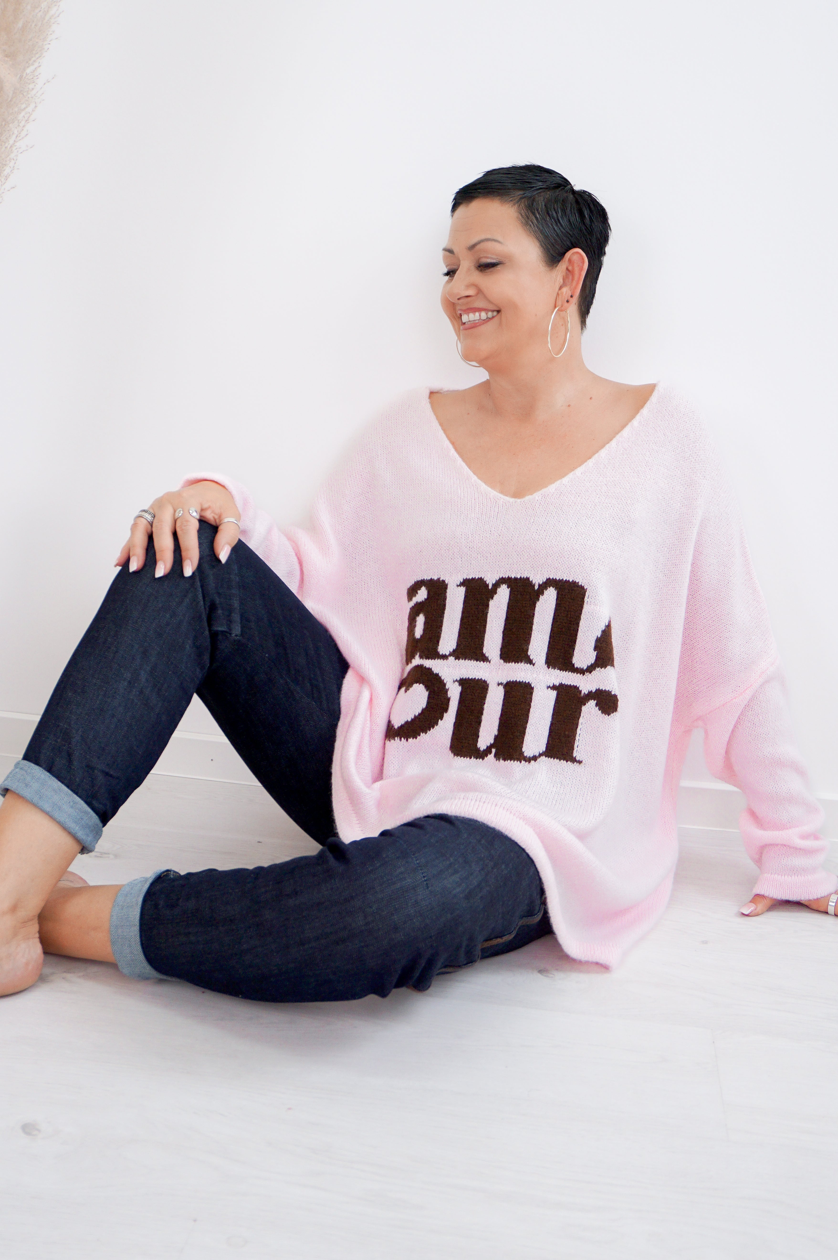 Strickpulli "amour", rosa/schokobraun