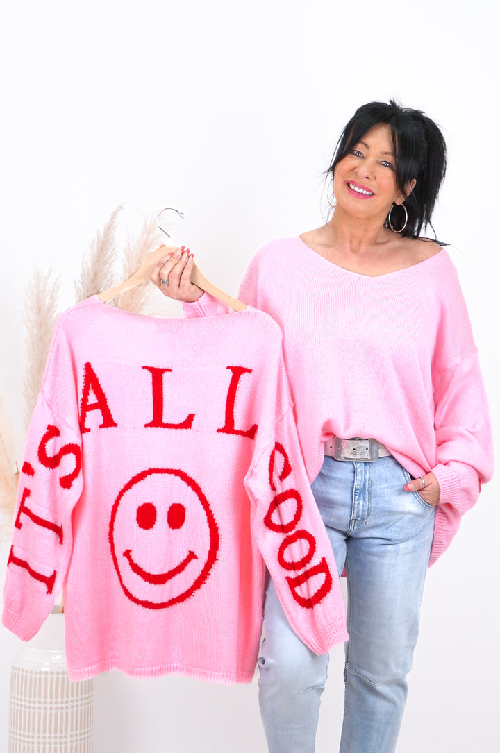 Zweite Wahl - Strickpulli "all good", Candy pink/rot - Kein Umtausch