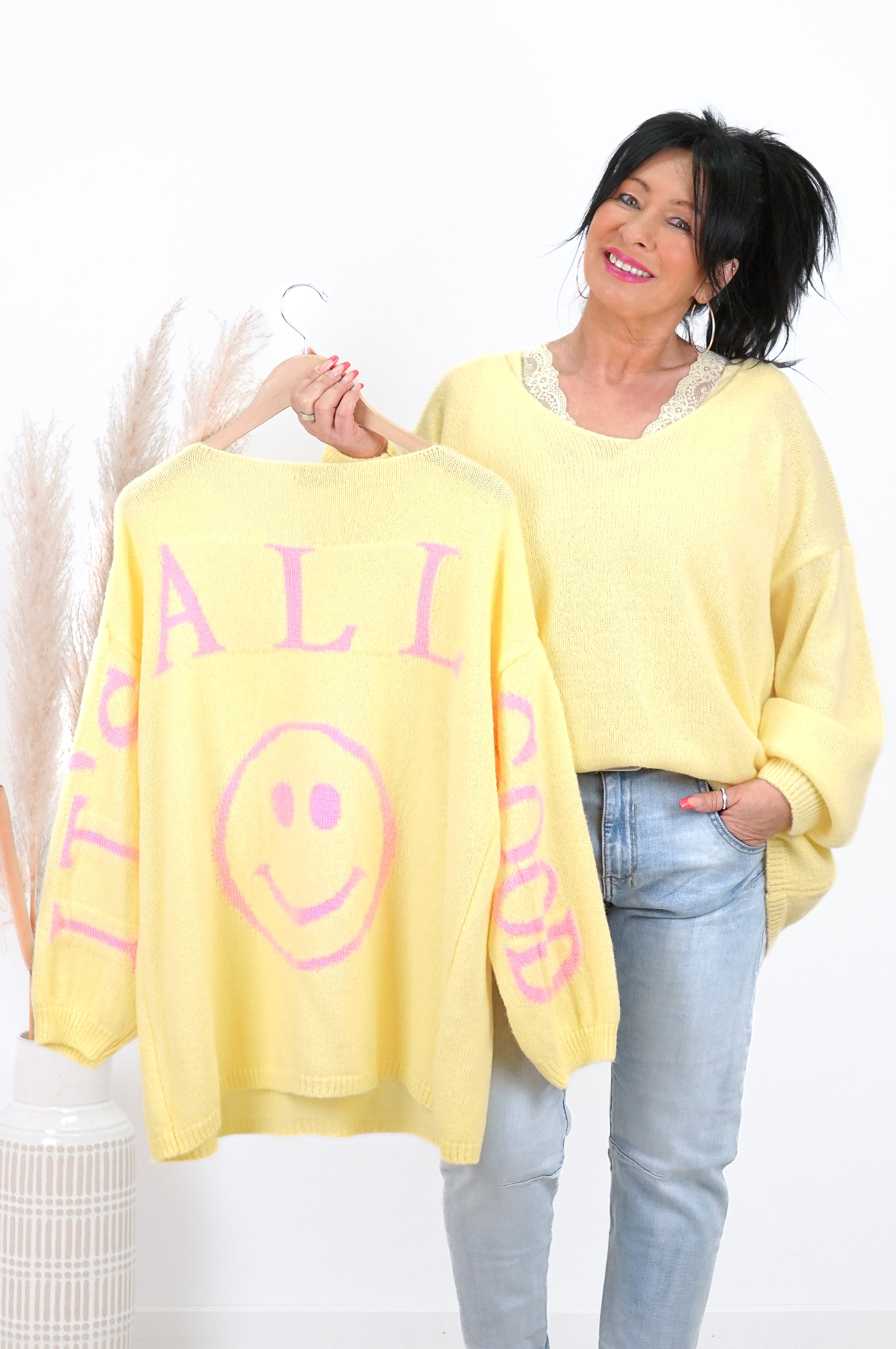 Strickpulli "all good", pastellgelb/rosa