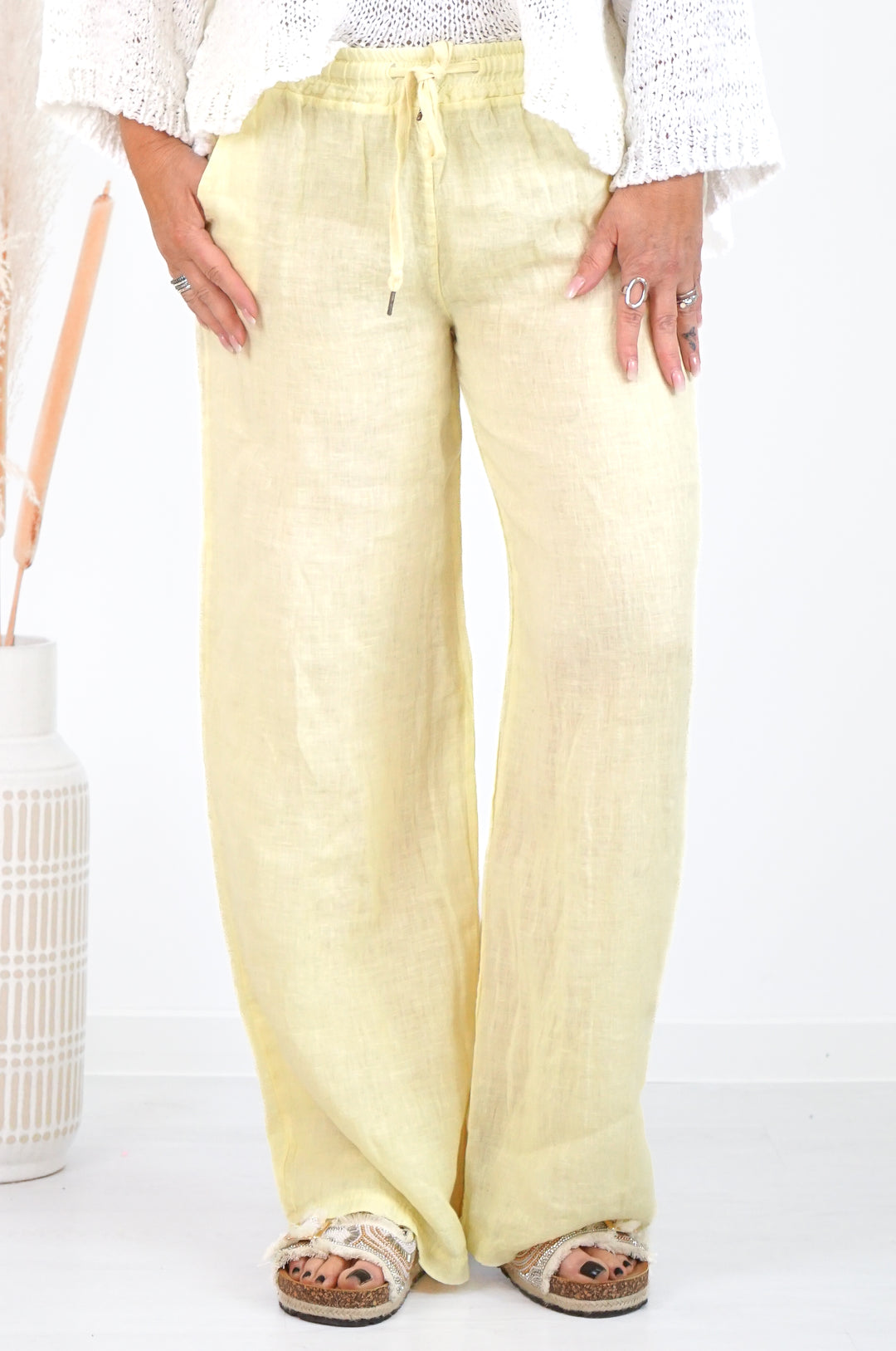 Leinenhose mit geradem Bein, pastellgelb
