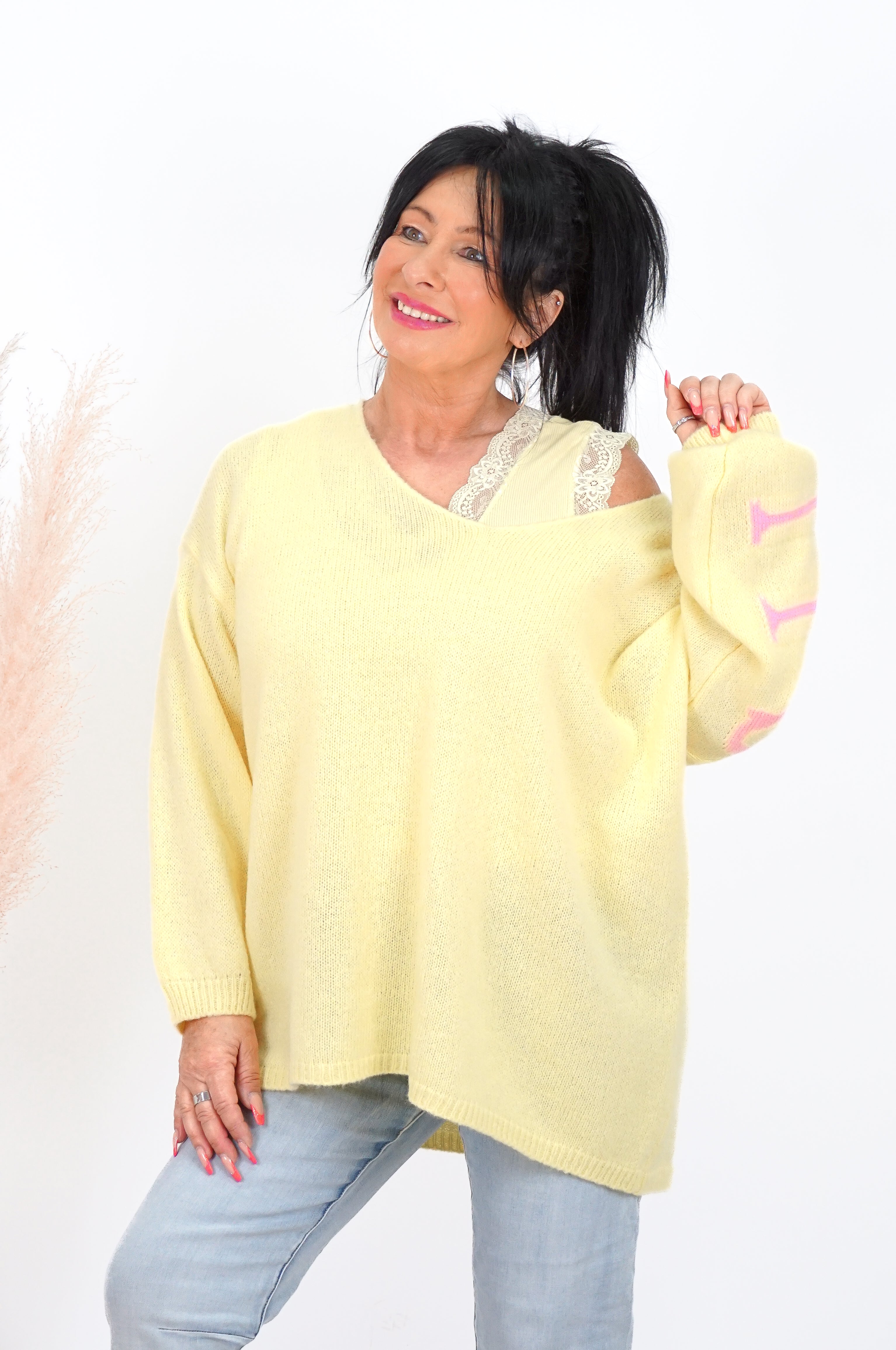 Strickpulli "all good", pastellgelb/rosa