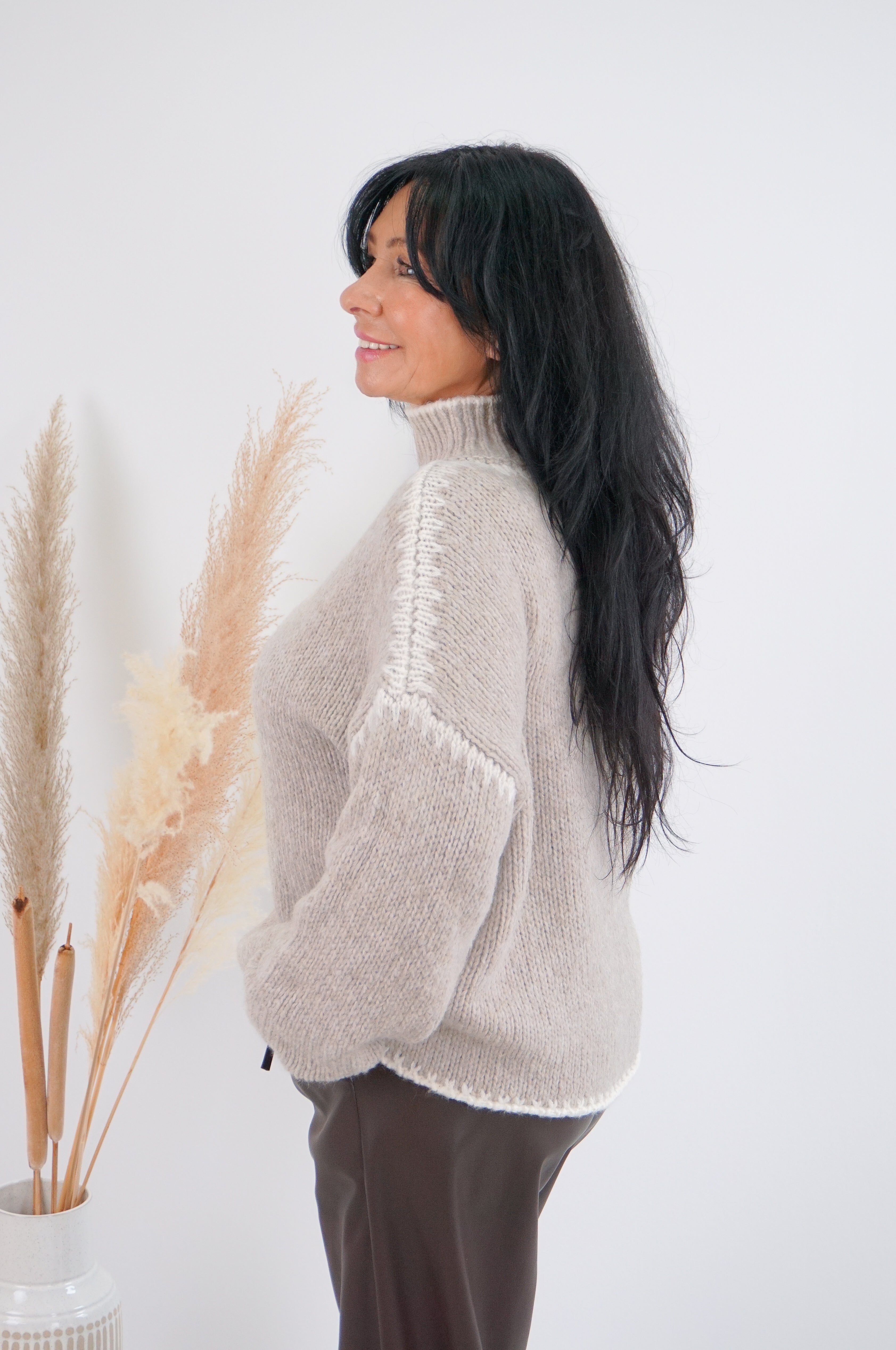 Strickpulli mit Kontrast Details, beige/creme