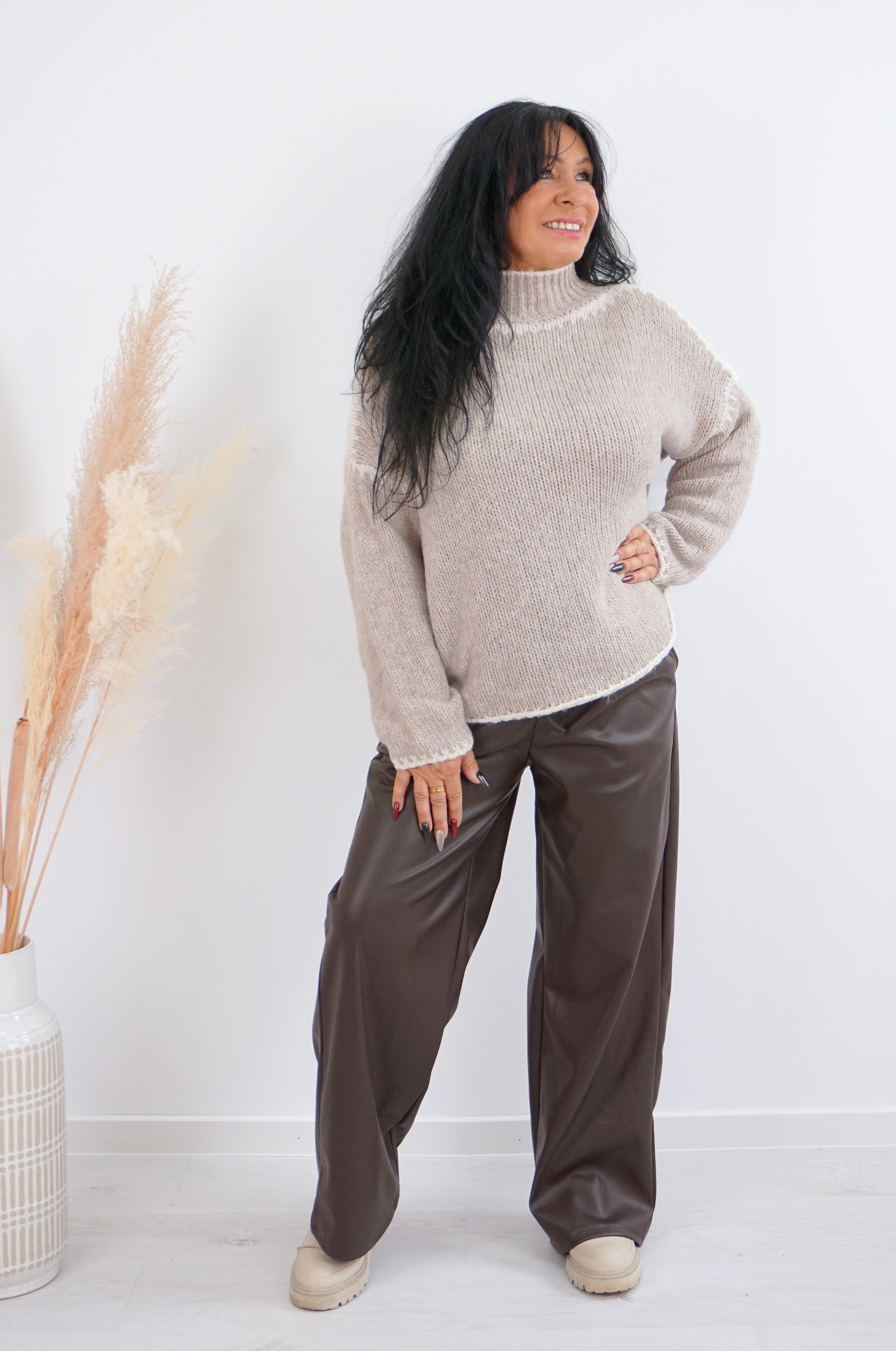 Strickpulli mit Kontrast Details, beige/creme