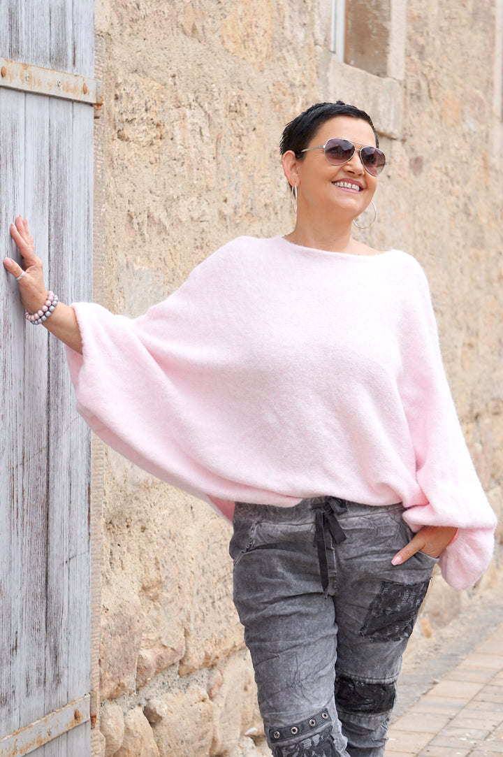 Weiter Kurzarm Strickpulli, rosa