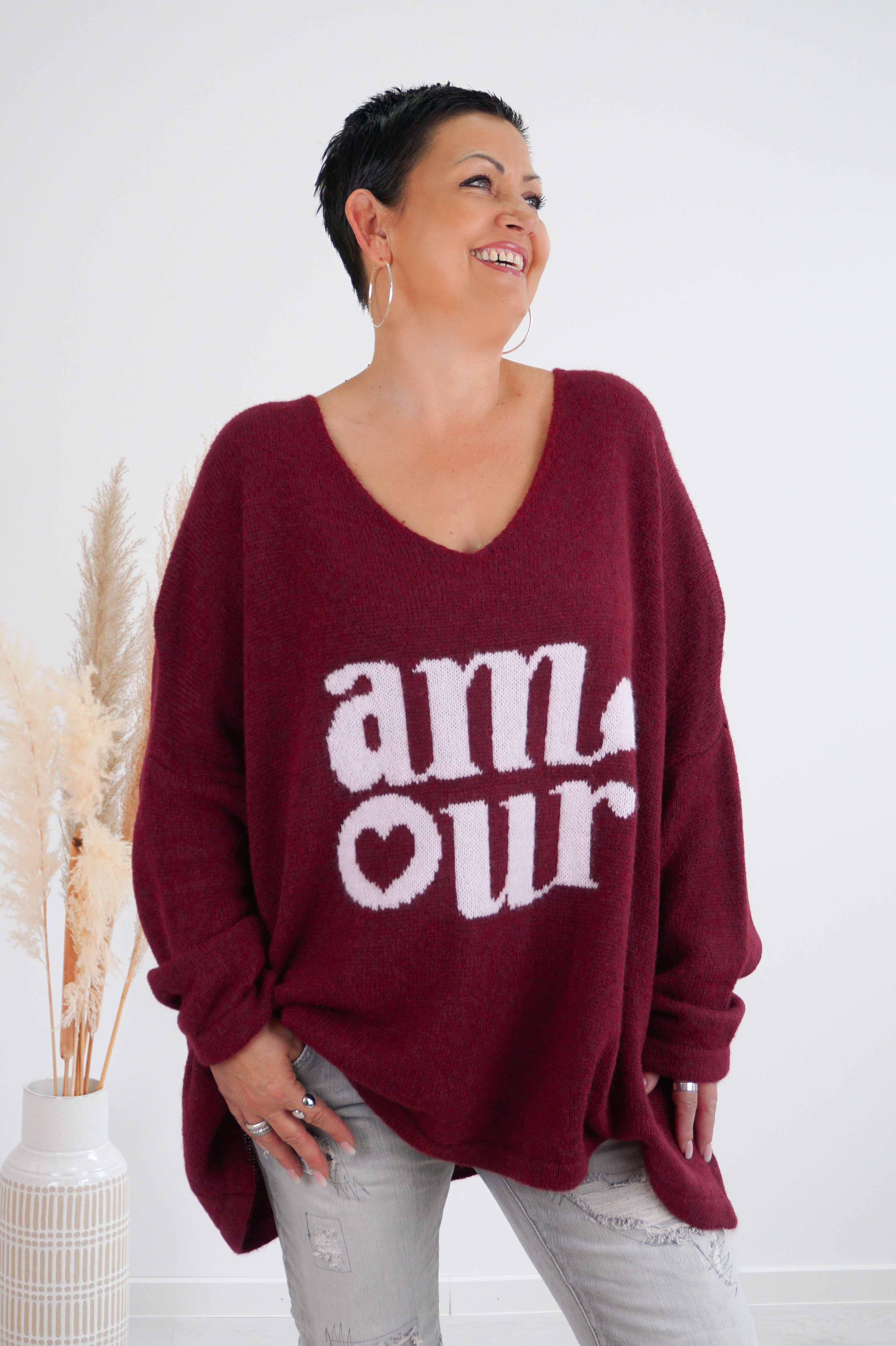 Strickpulli "amour", bordeaux/rosa