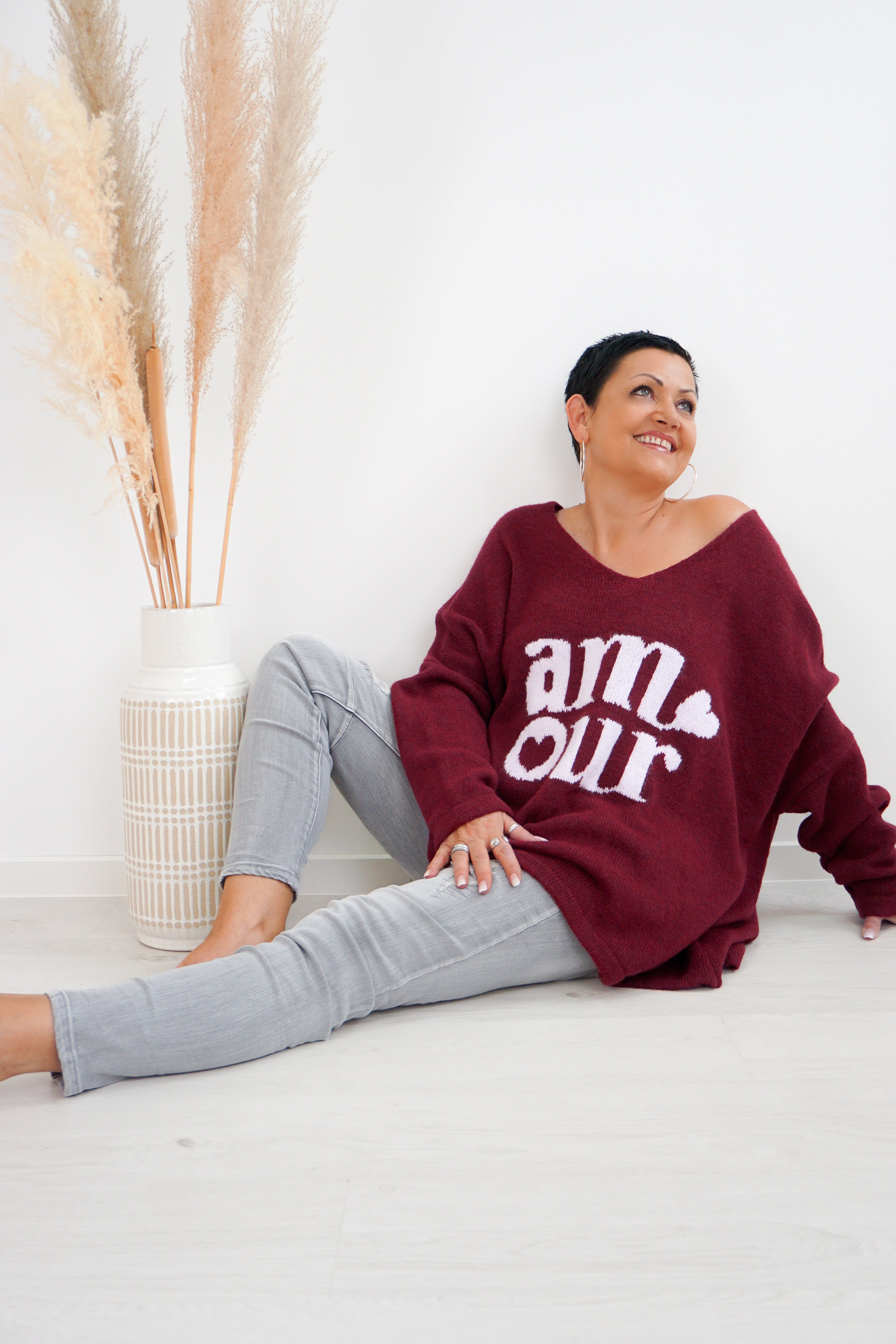 Strickpulli "amour", bordeaux/rosa