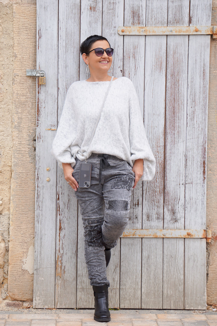Weiter Kurzarm Strickpulli, grau meliert