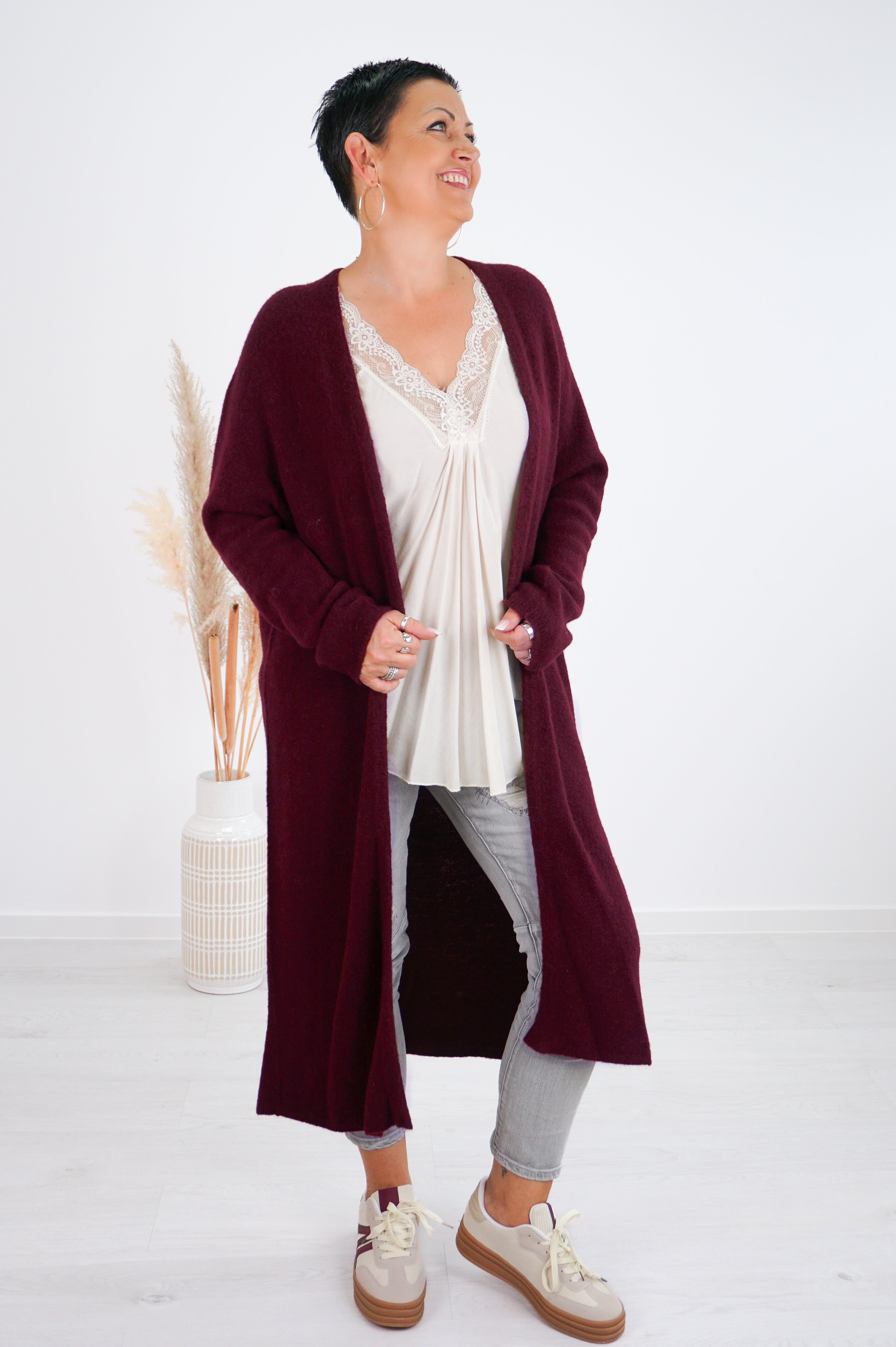 Lange Basic Strickjacke, bordeaux