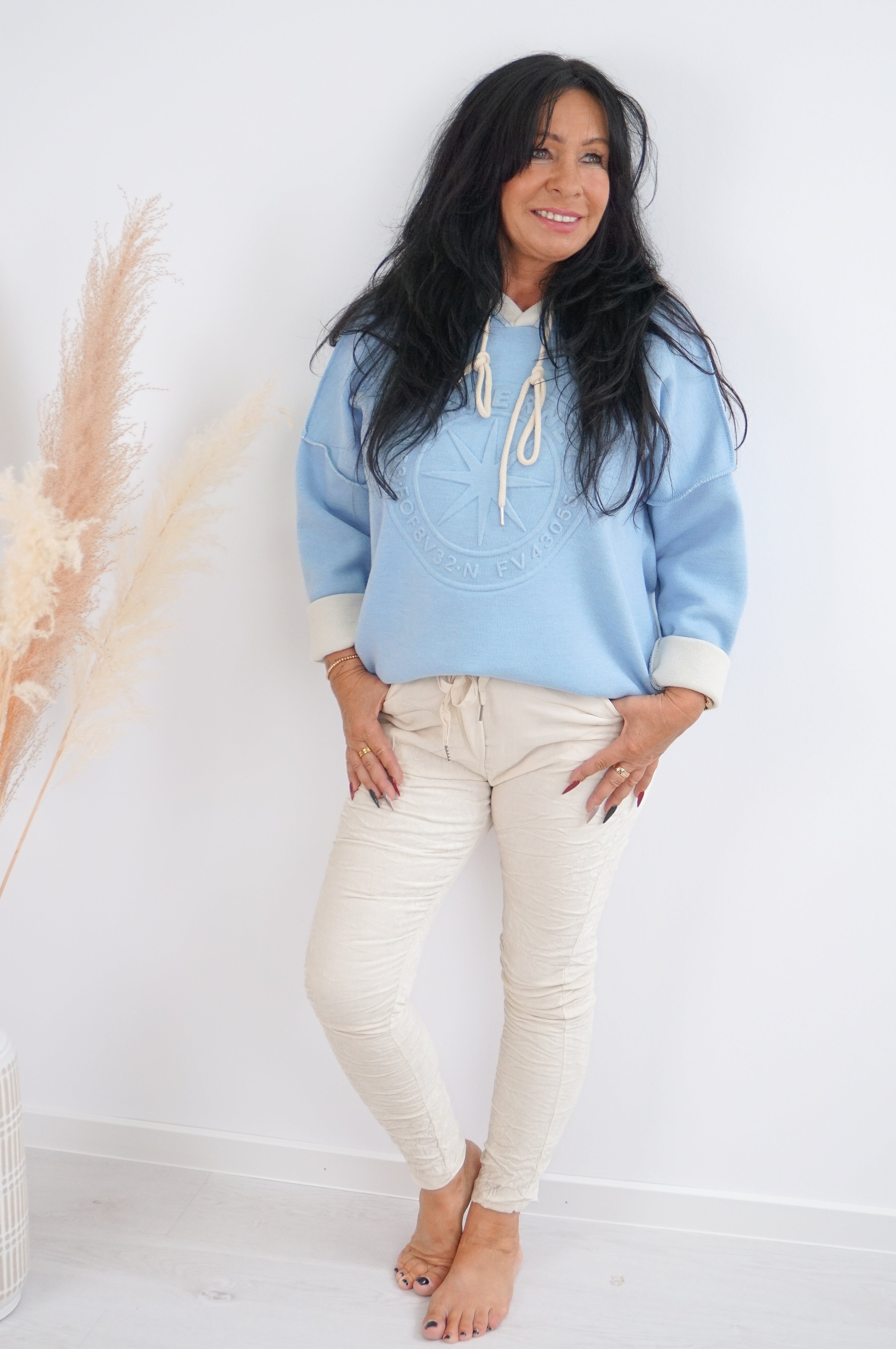 Strickhoodie "Norderney", hellblau/beige