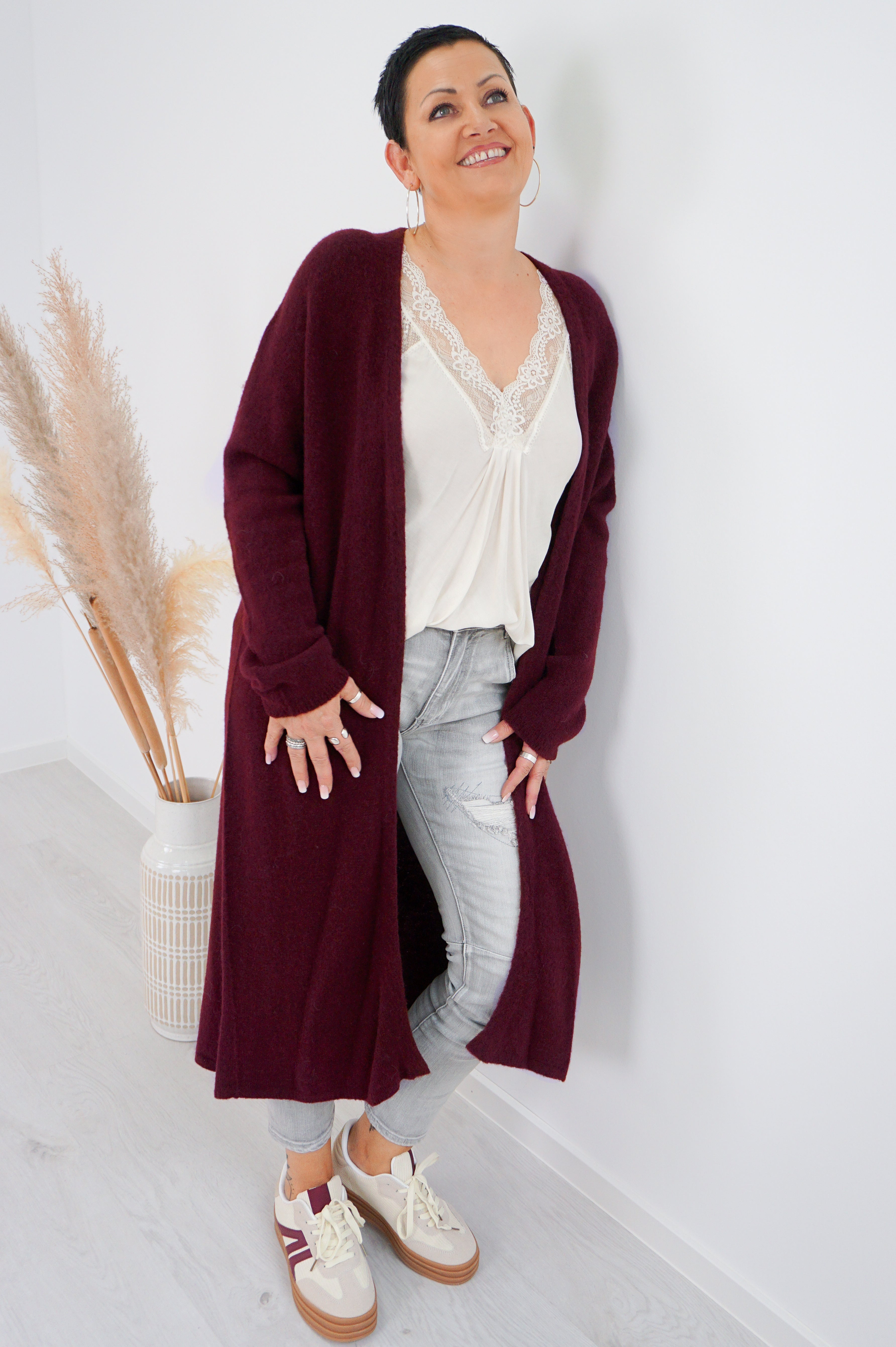 Lange Basic Strickjacke, bordeaux
