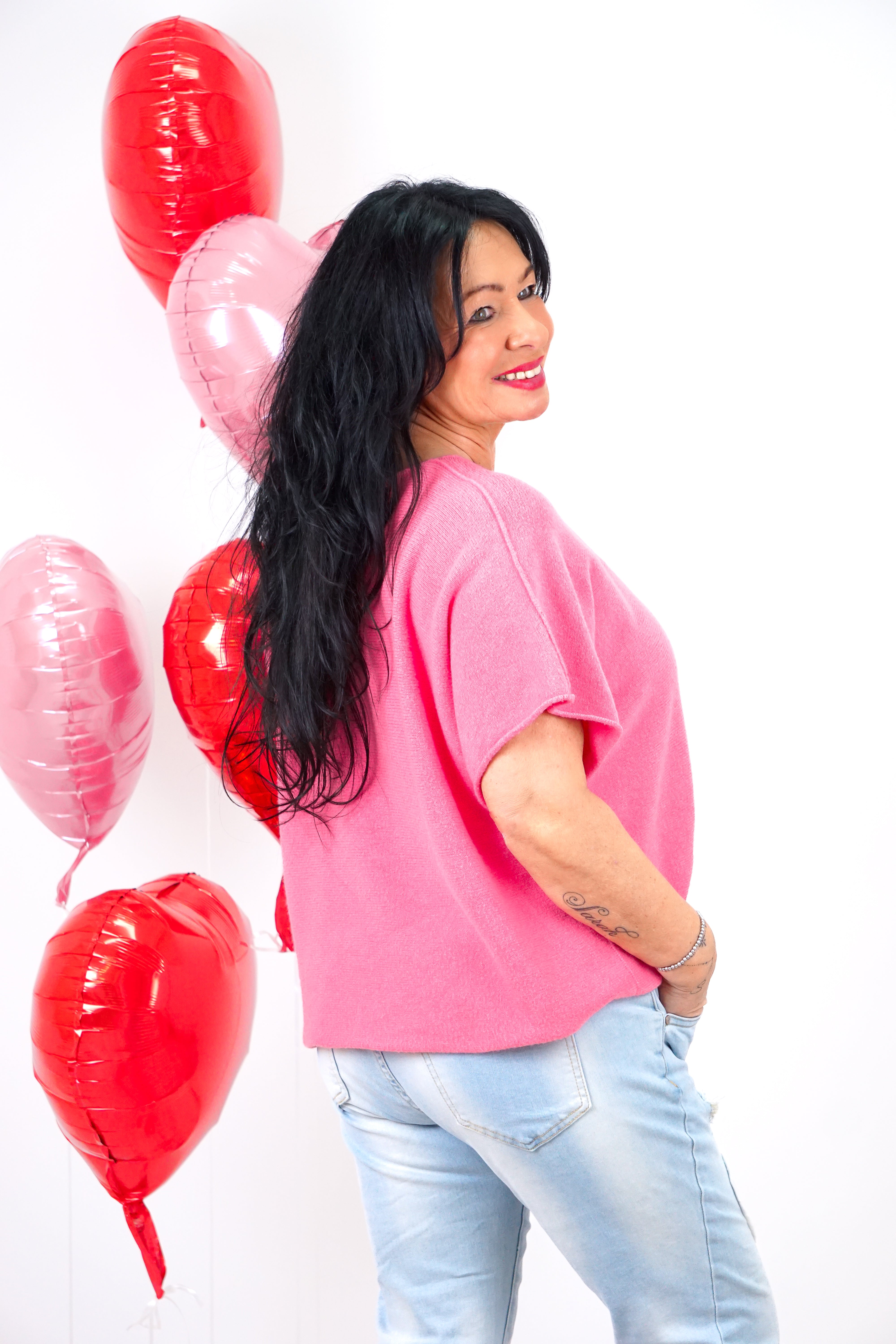 Basic kurzarm Feinstrickpulli, beere