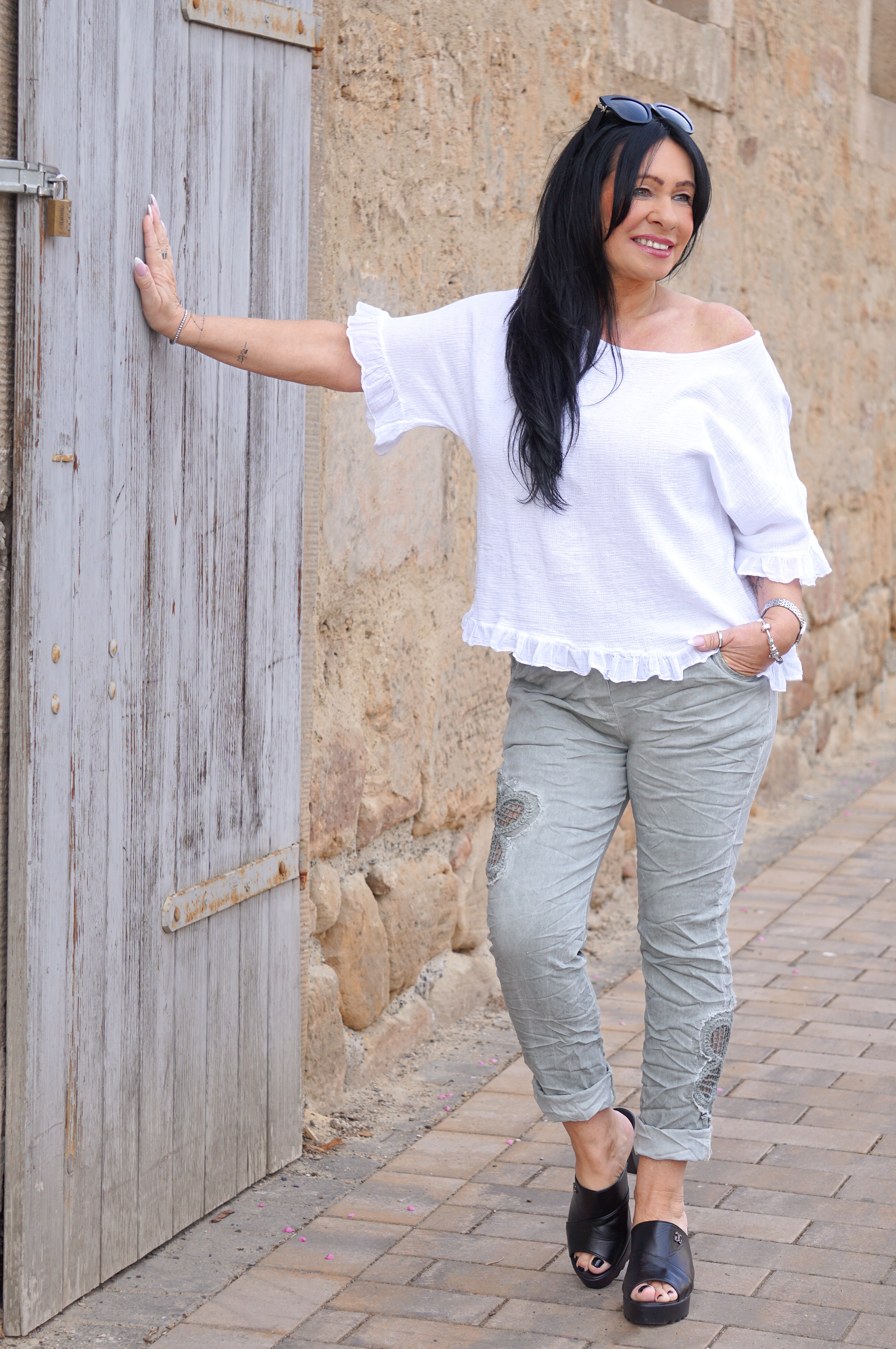 T-Shirt mit Rüschen, weiß