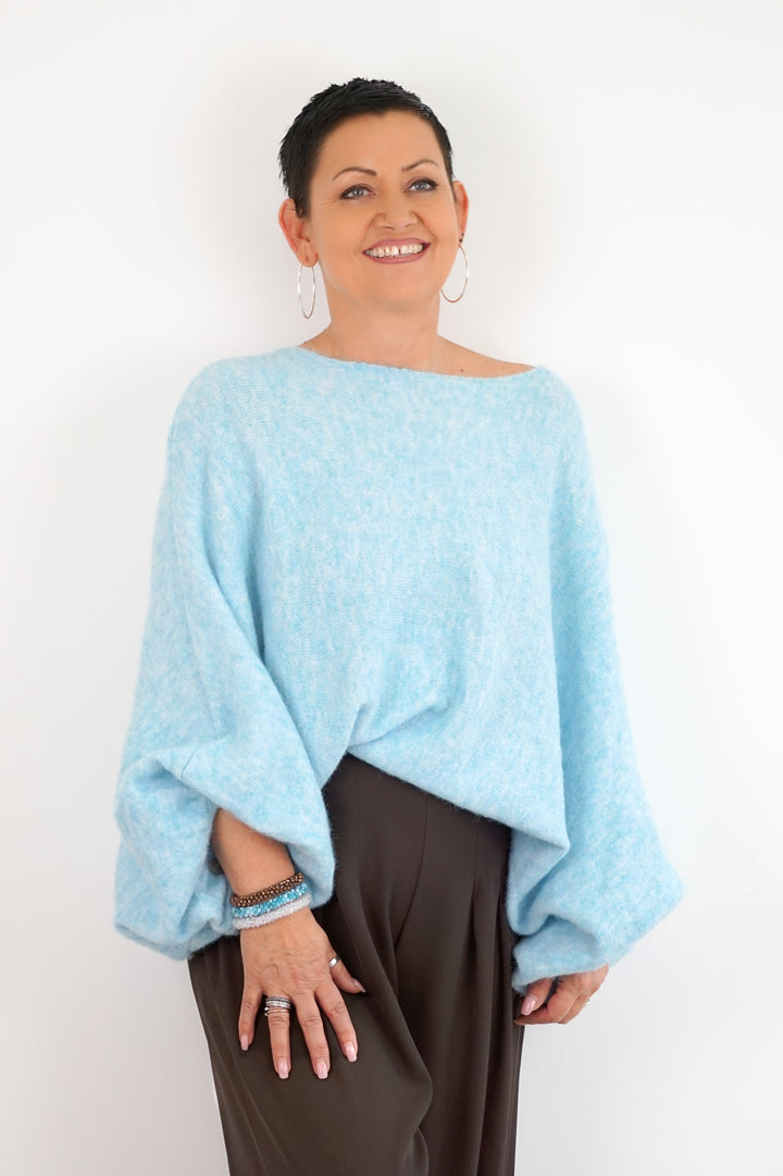 Weiter Kurzarm Strickpulli, eisblau