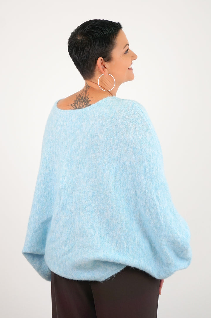 Weiter Kurzarm Strickpulli, eisblau