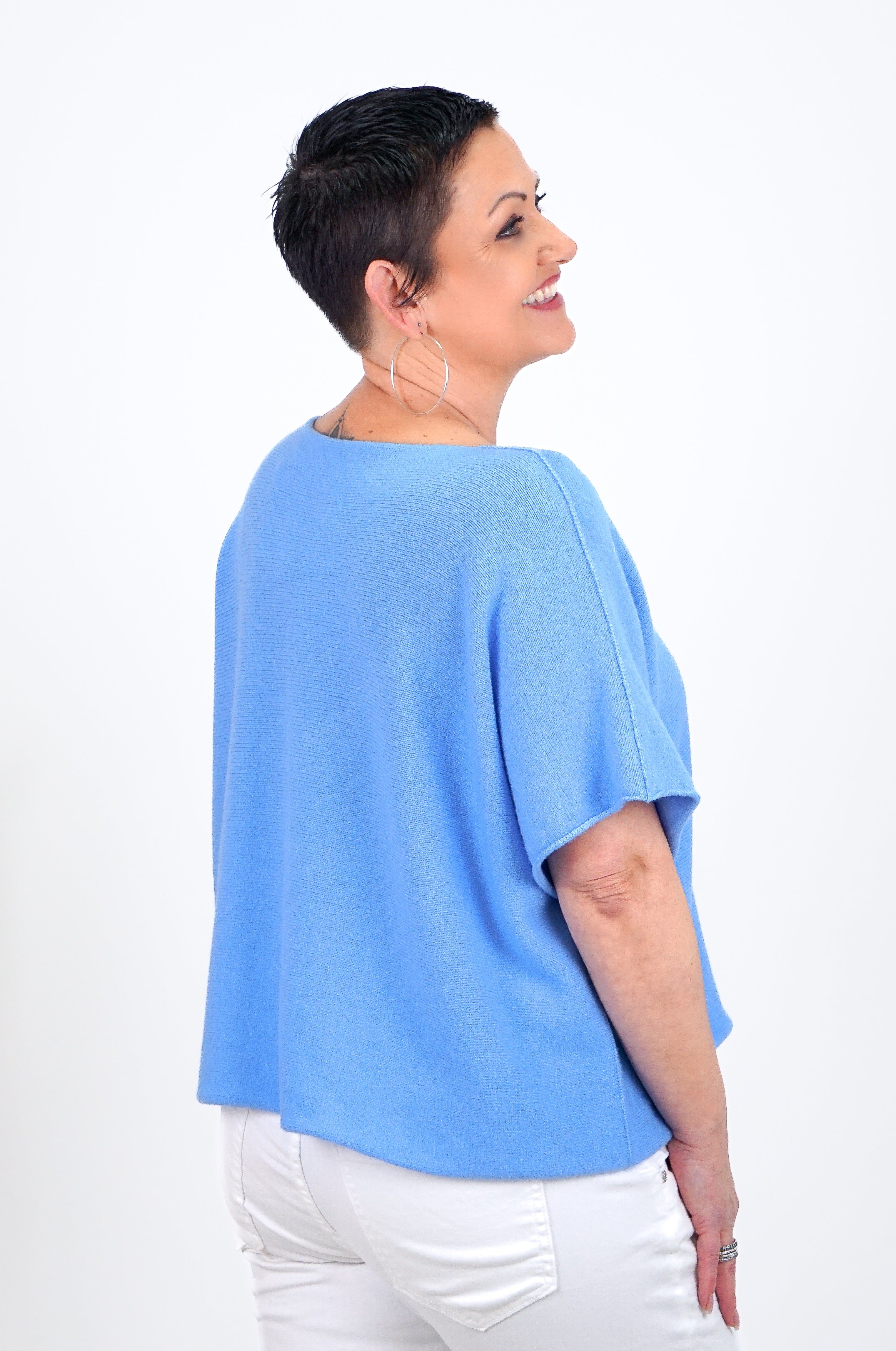 Basic kurzarm Feinstrickpulli, blau