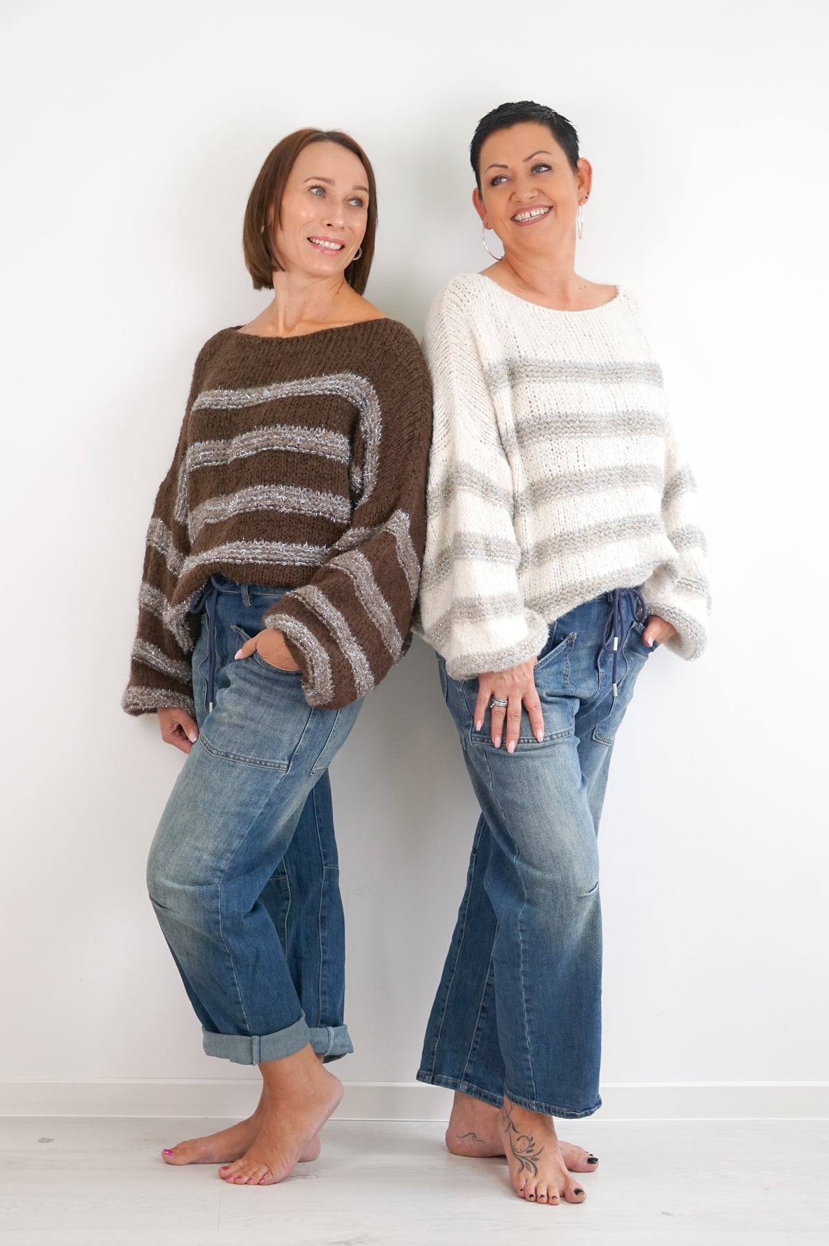 Gestreifter Strickpulli "sparkle", creme