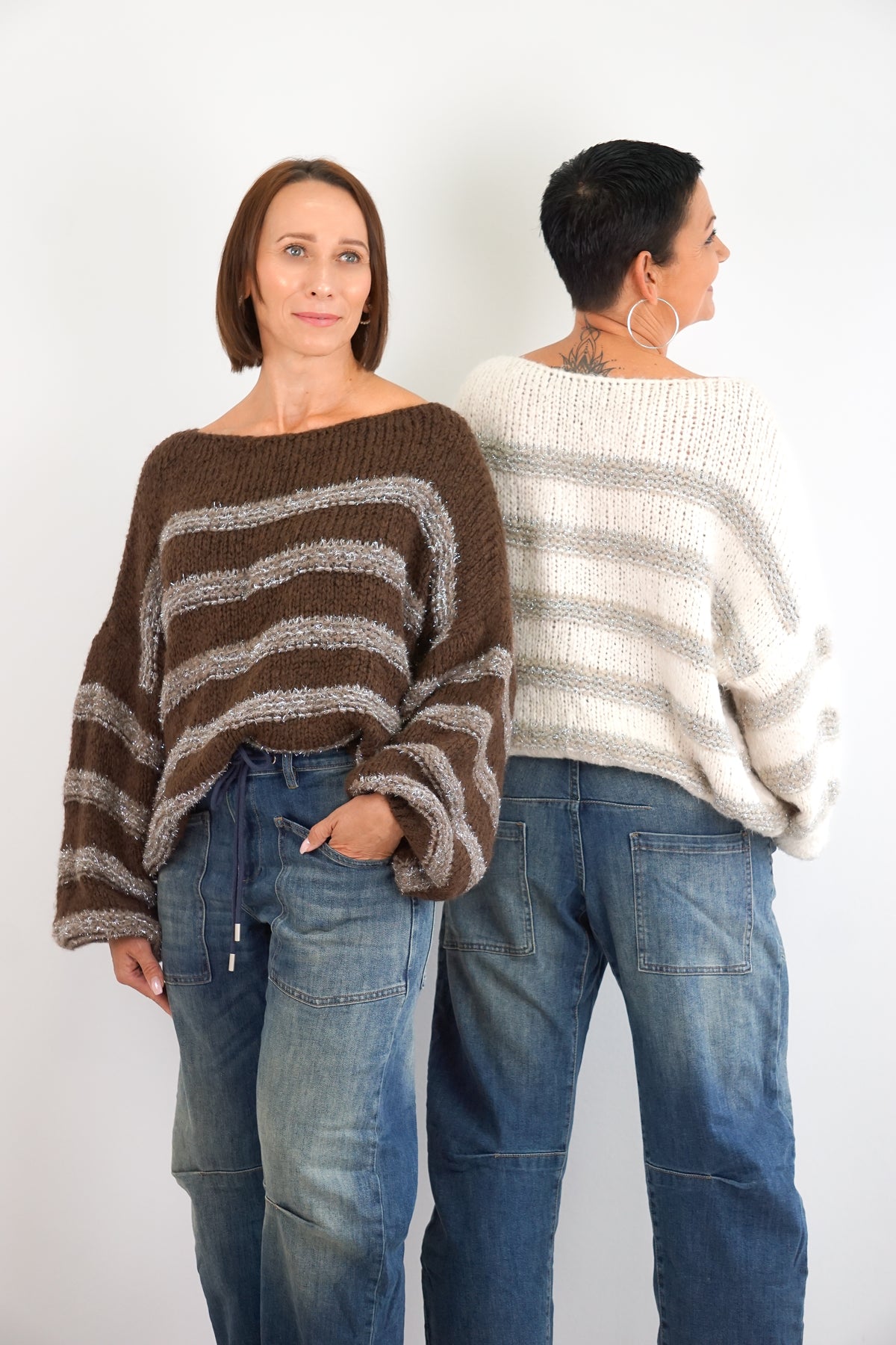 Gestreifter Strickpulli "sparkle", creme